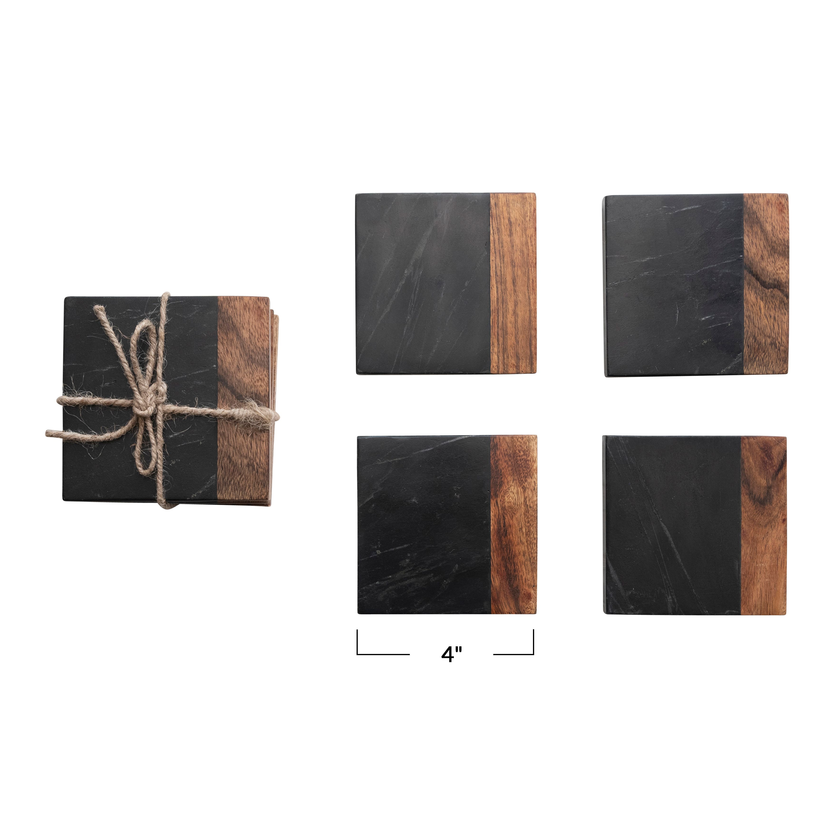 2-Tone Black and Natural Marble and Acacia Wood Coaster Set