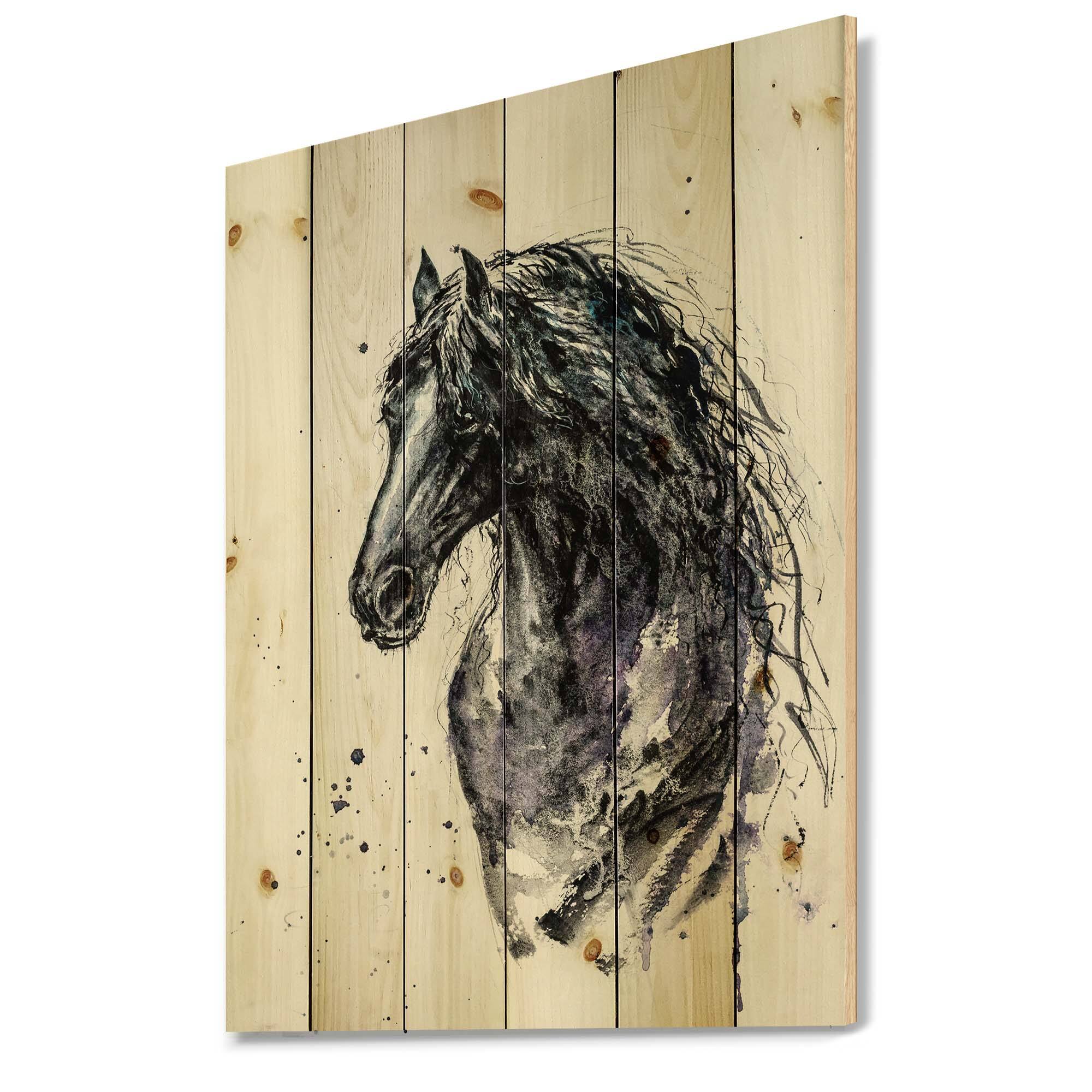 Designart - Portrait of Friesian Horse With Long Manes - Farmhouse Print on Natural Pine Wood