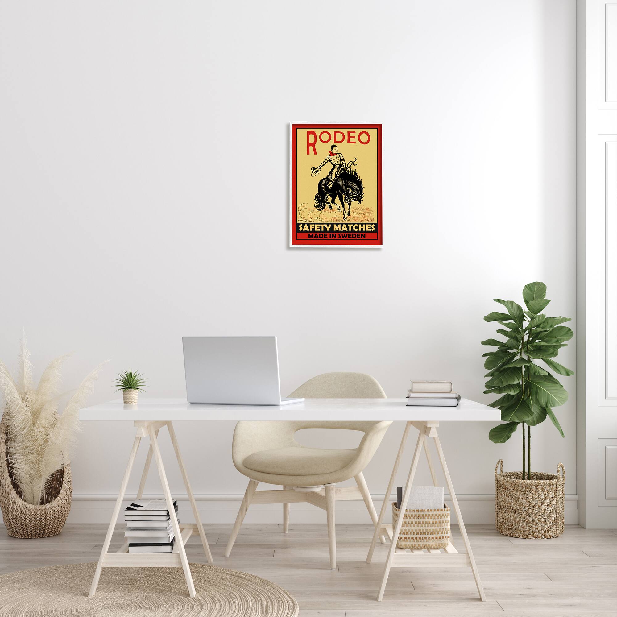 Stupell Industries Rodeo Safety Matches Cowboy Bucking Bronco Red Yellow in White Frame Wall Art