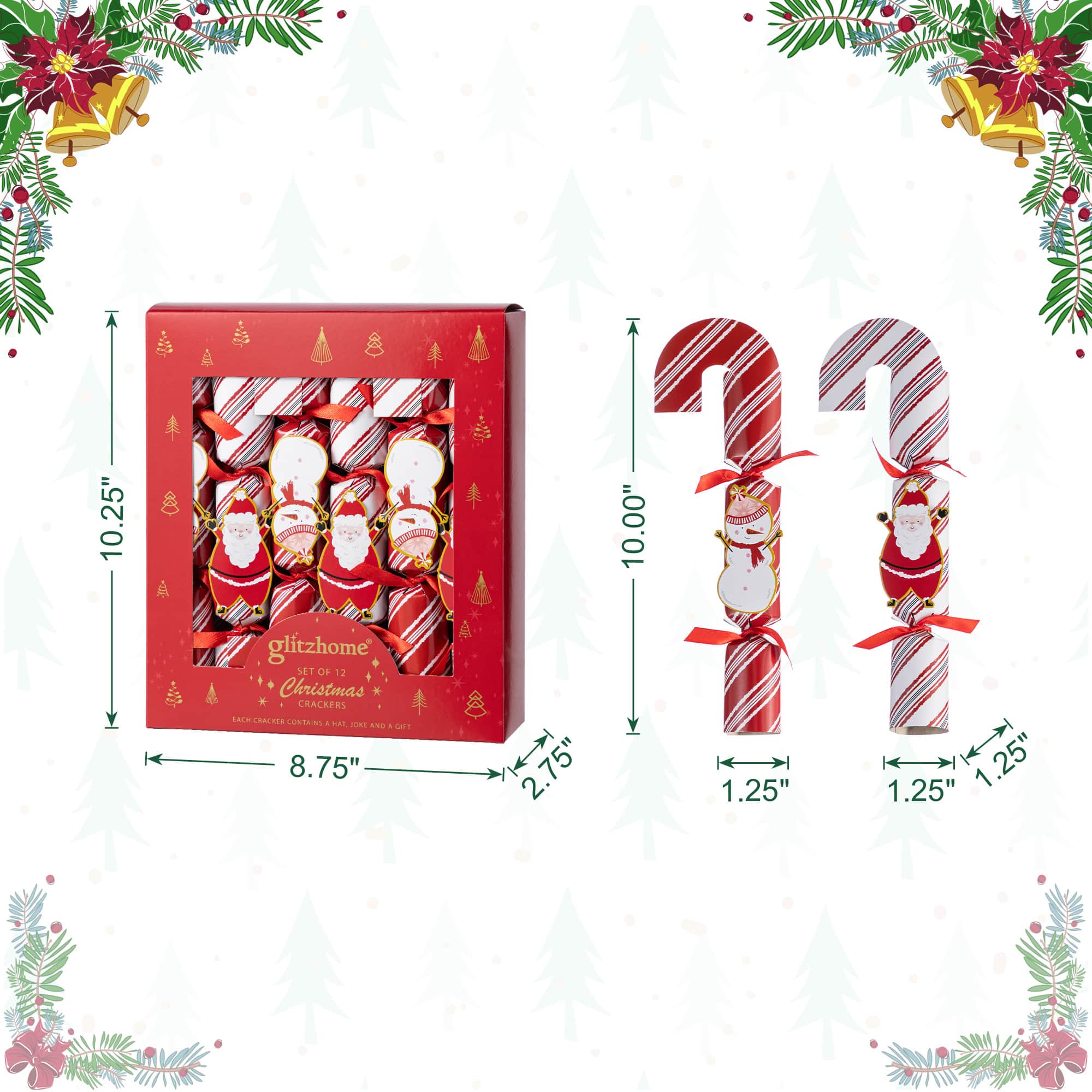 Glitzhome&#xAE; 12PK 1.25&#x22;D x 10&#x22;H Candy Cane Christmas Party Crackers with Gift Contents