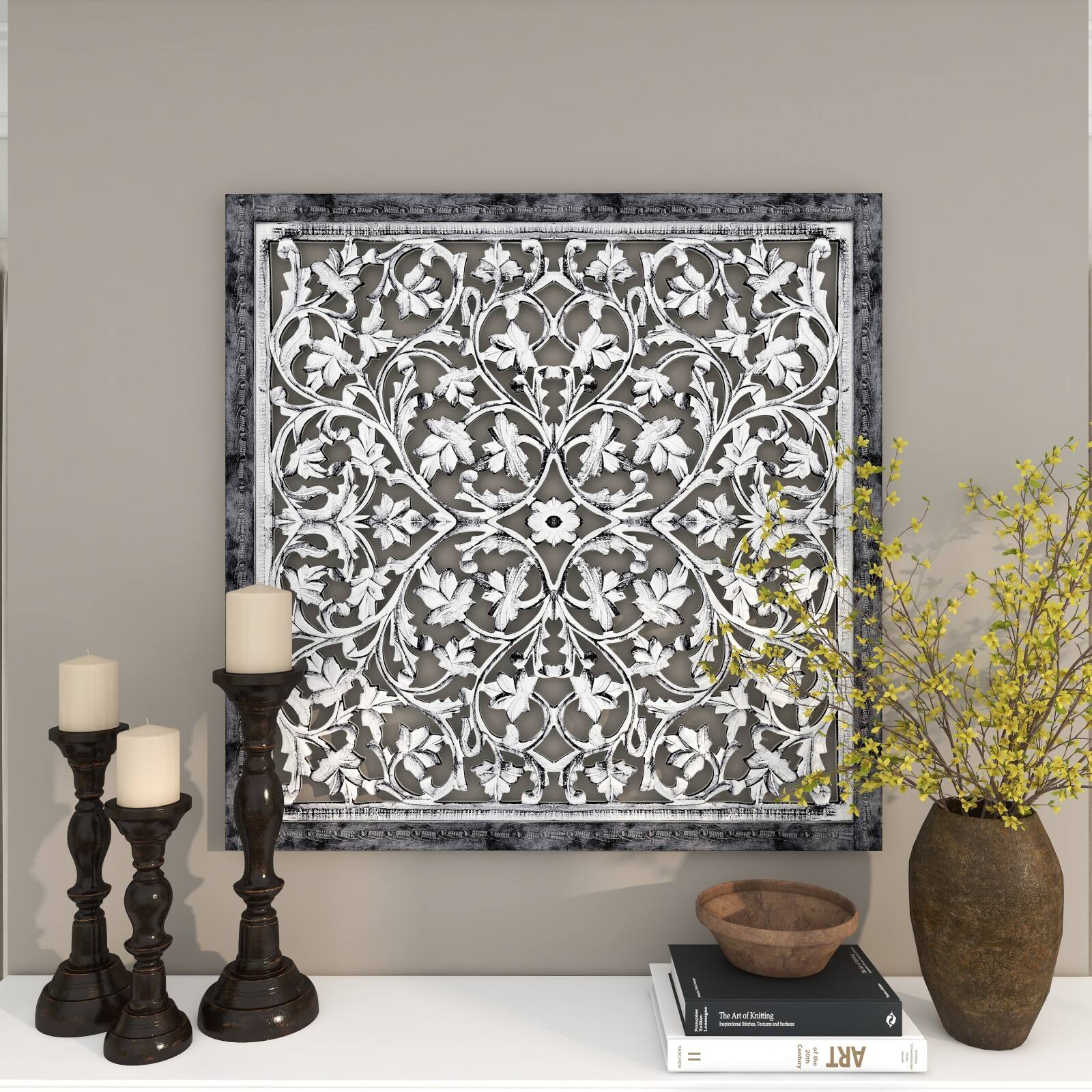 36&#x22; White Floral Mango Wood Wall D&#xE9;cor