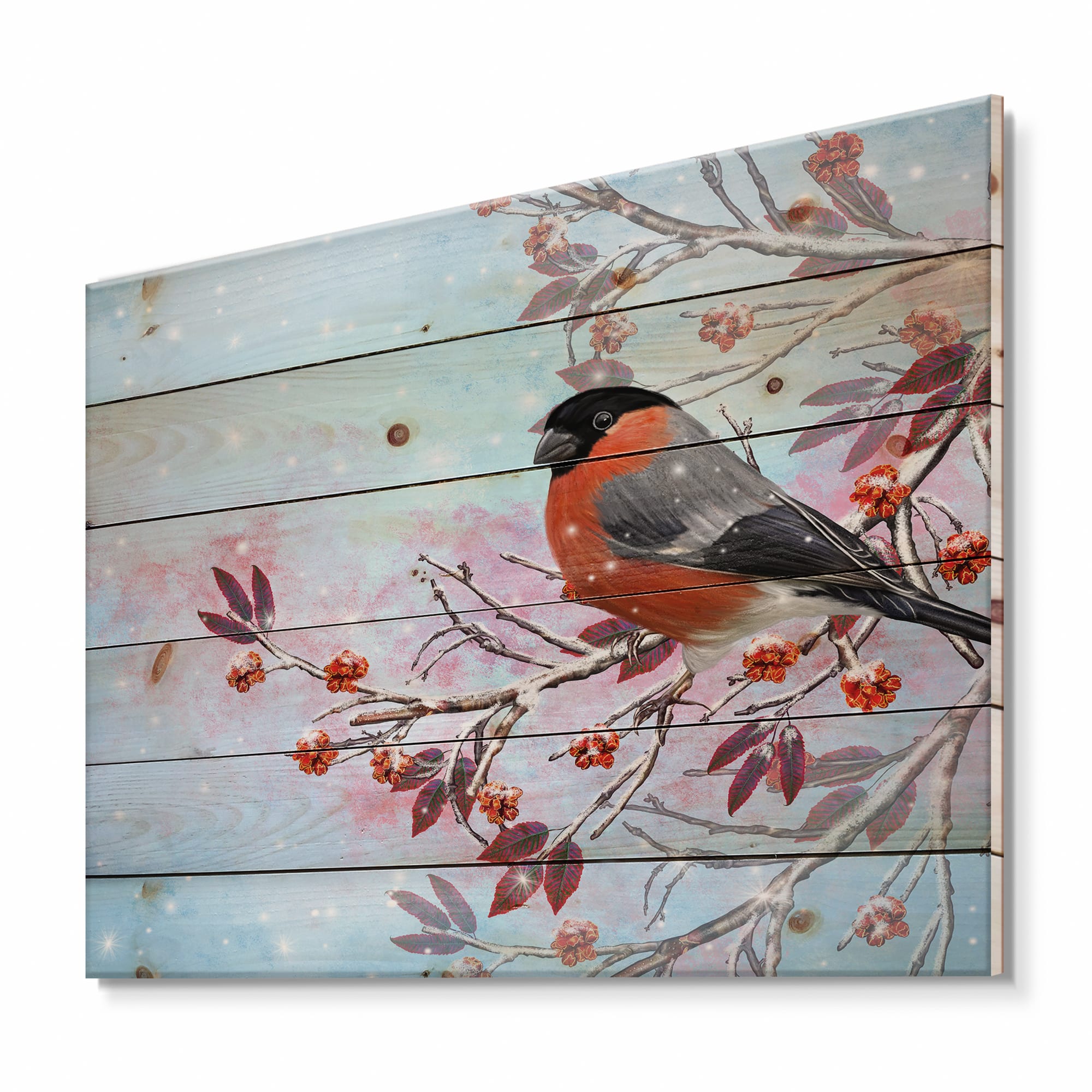 Designart - Two Bright Bird Bullfinch Bird Sitting On A Branch - Traditional Print on Natural Pine Wood