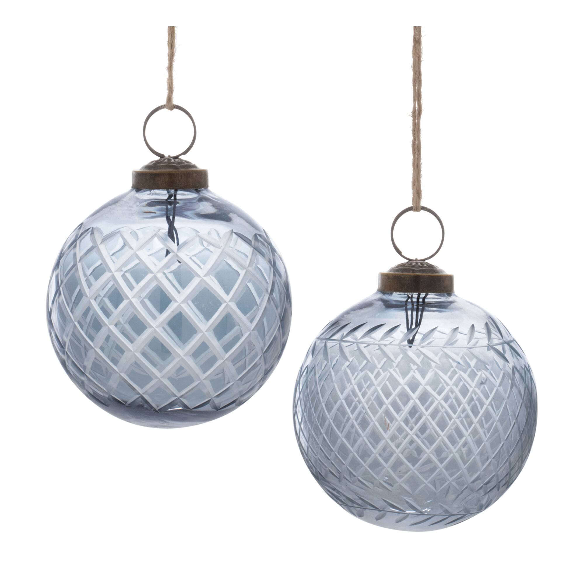 Blue Harlequin Etched Glass Ball Ornament Set