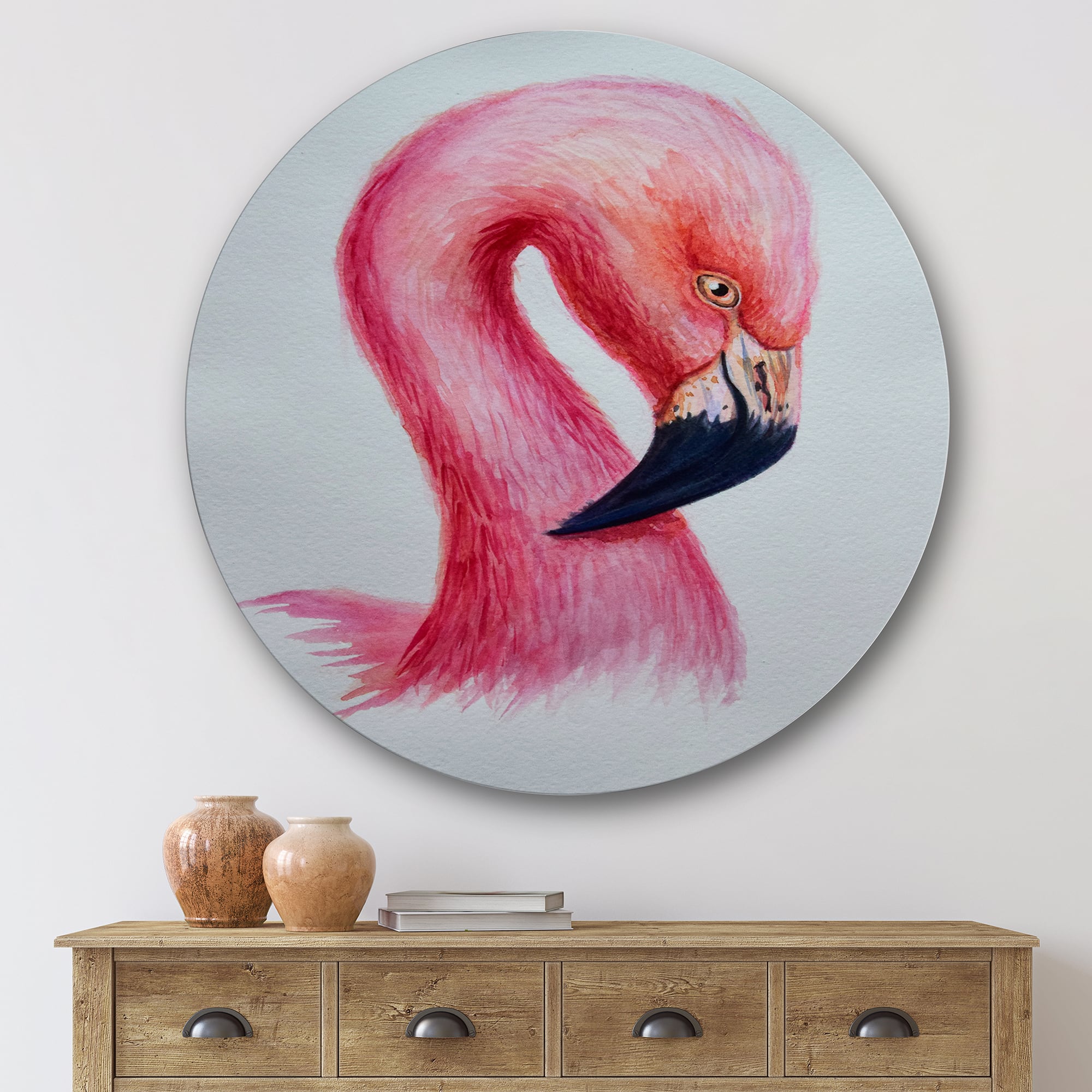 Designart - Portrait of Pink Flamingo IV - Farmhouse Metal Circle Wall Art