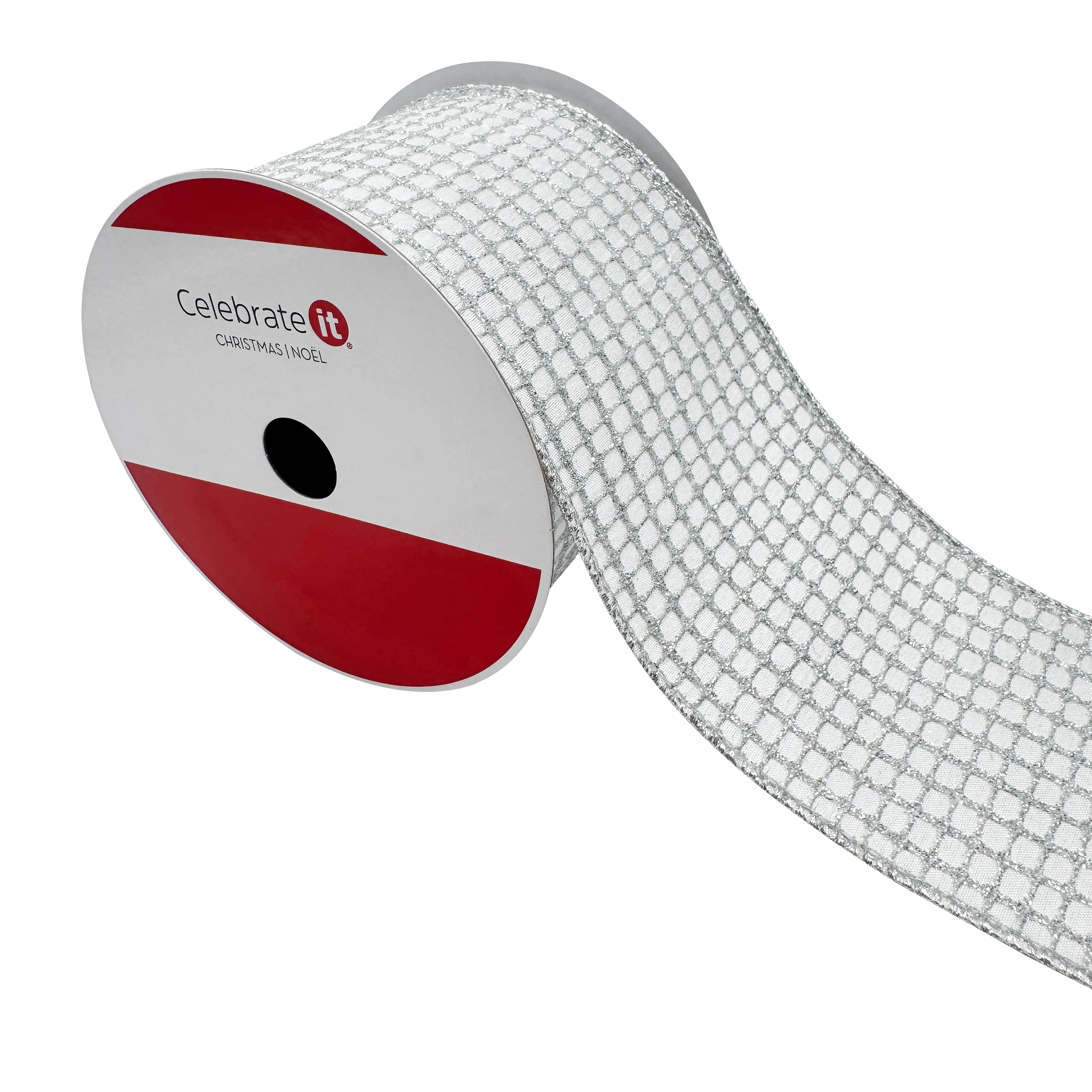3.5&#x22; x 15ft. Cream &#x26; Silver Glitter Grid Wired Ribbon by Celebrate It&#xAE;