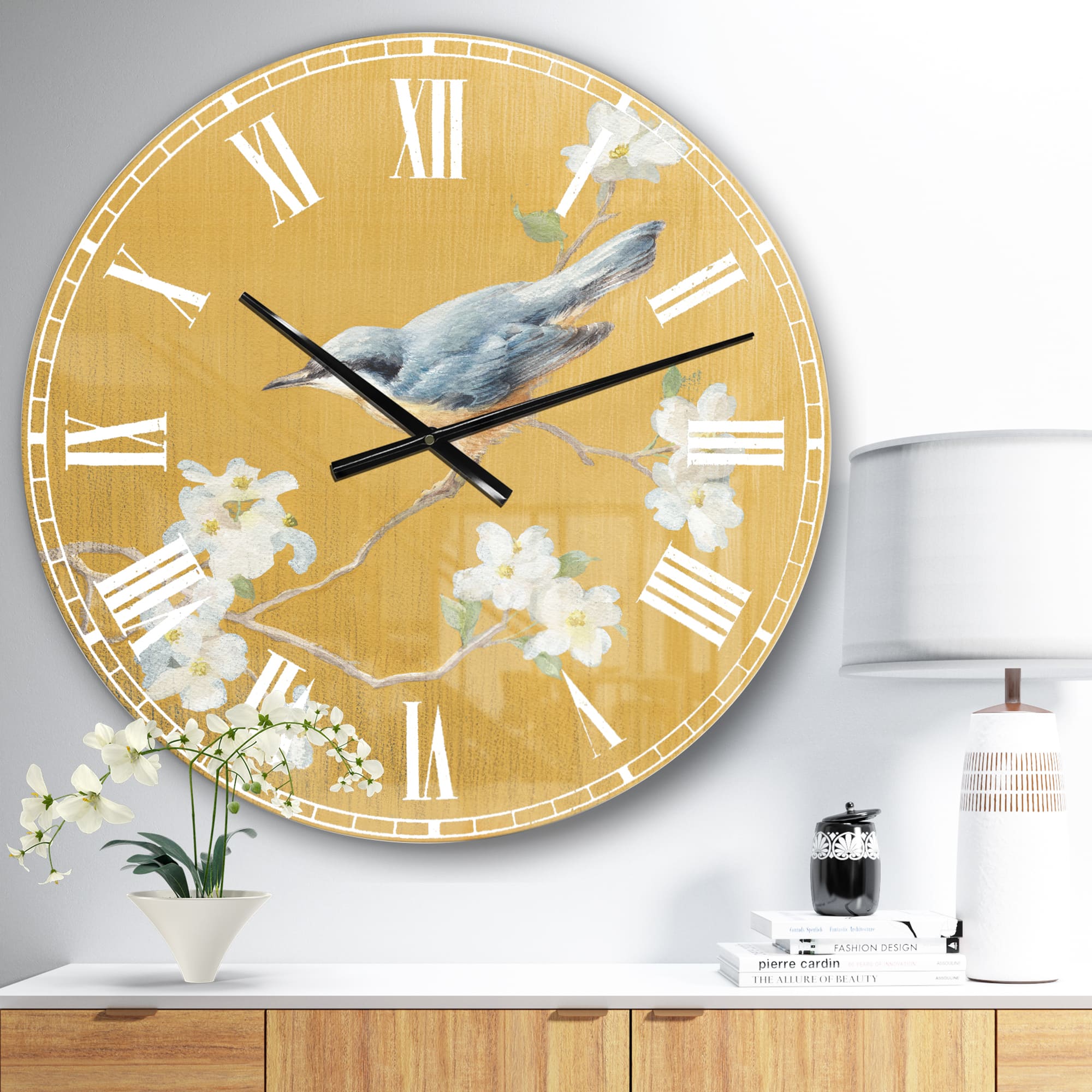 Designart 'Gold Bird On Blossoms Ii Traditional Wall Clock