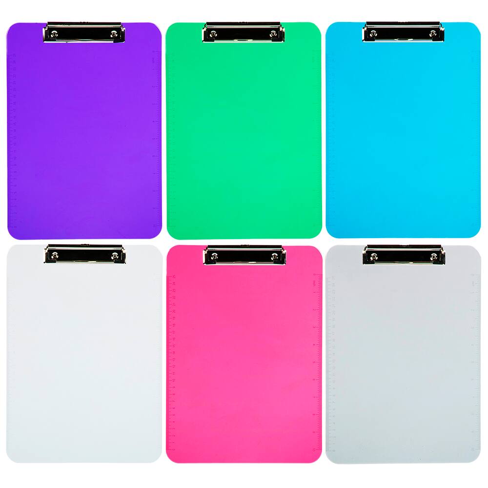 Letter - Assorted Colors JAM PAPER Plastic Clipboards with Low Profile Metal Clip 6 Clip Boards/Pack 9 x 12 1/2 