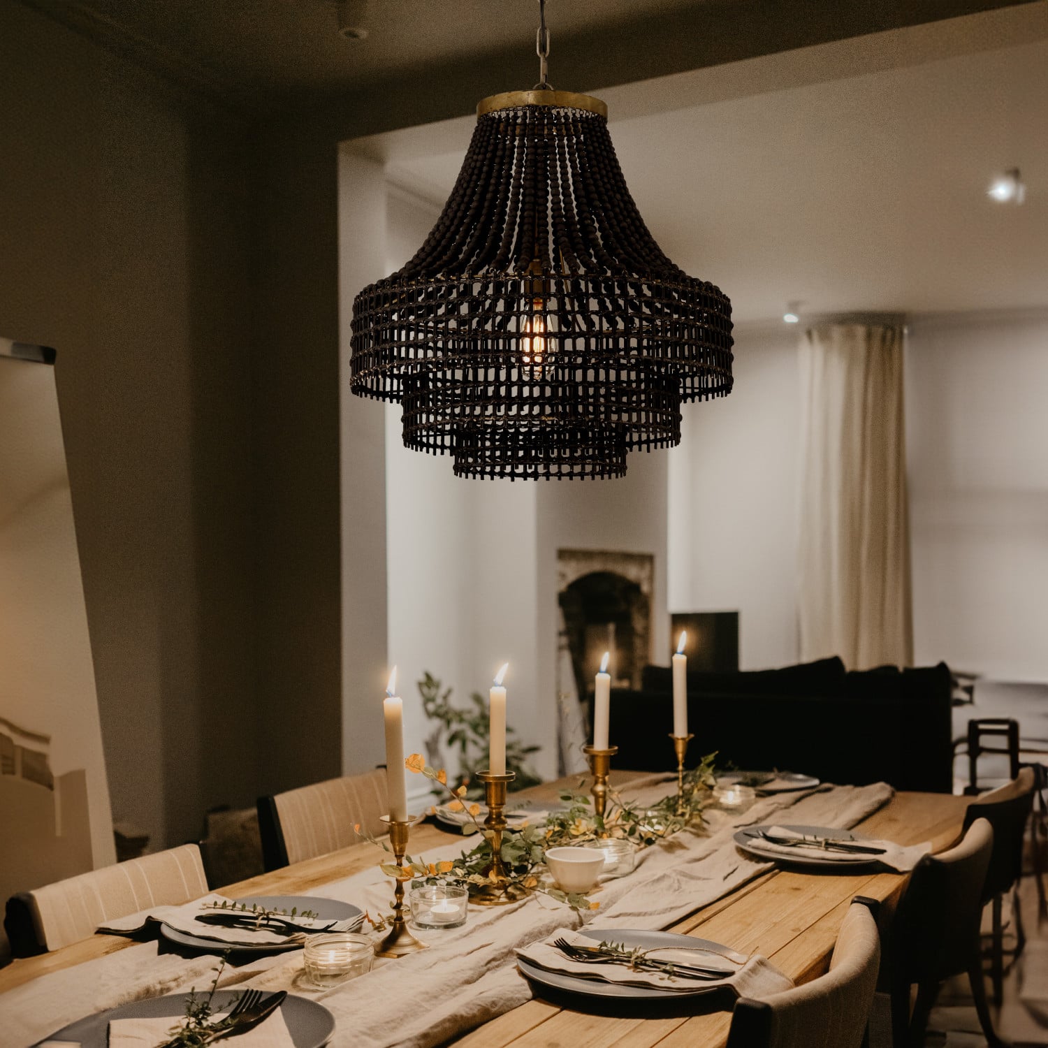 23.4&#x22; Black Metal, Rattan &#x26; Wood Bead Chandelier