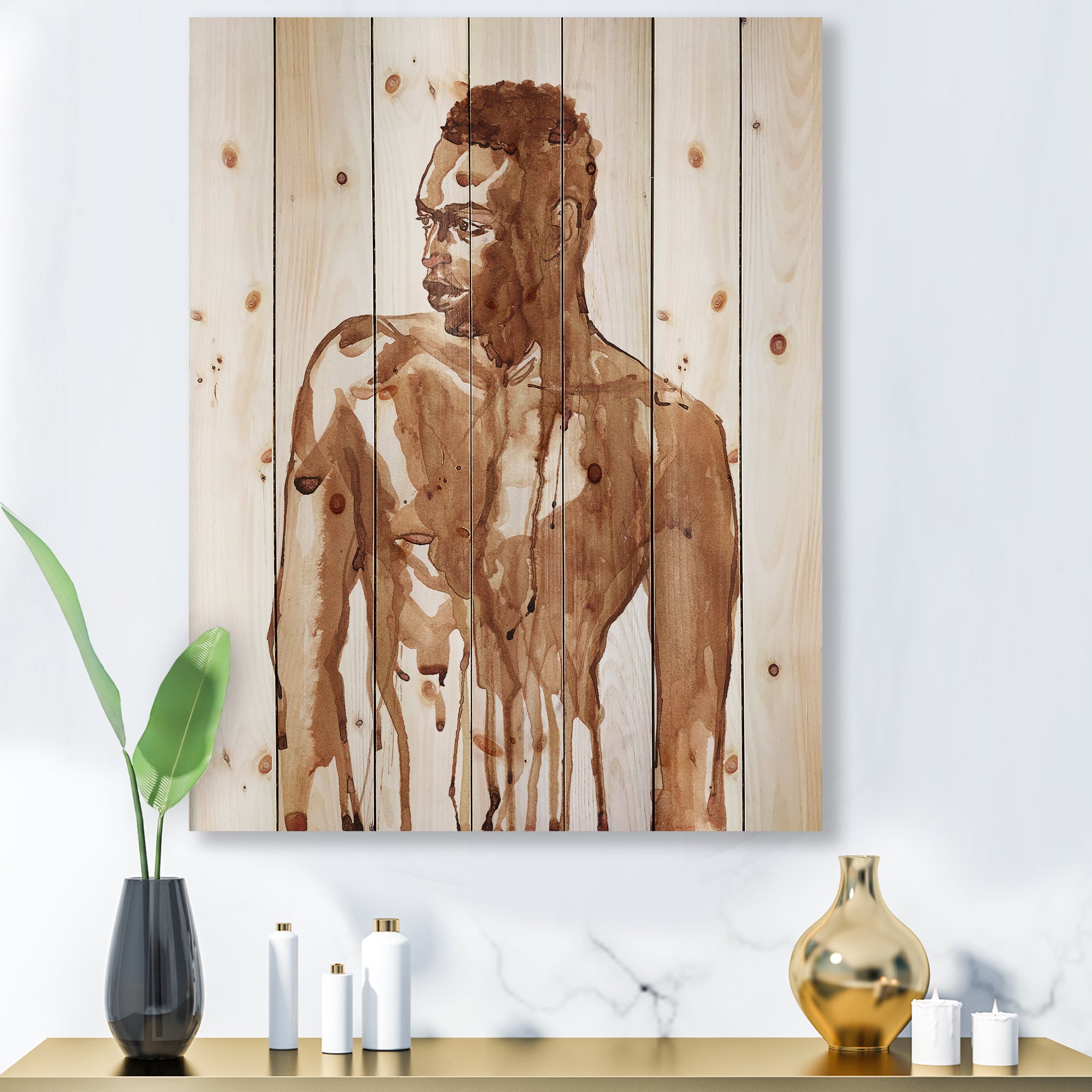 Designart - Handsome African Man Portrait On White II - Modern Print on Natural Pine Wood