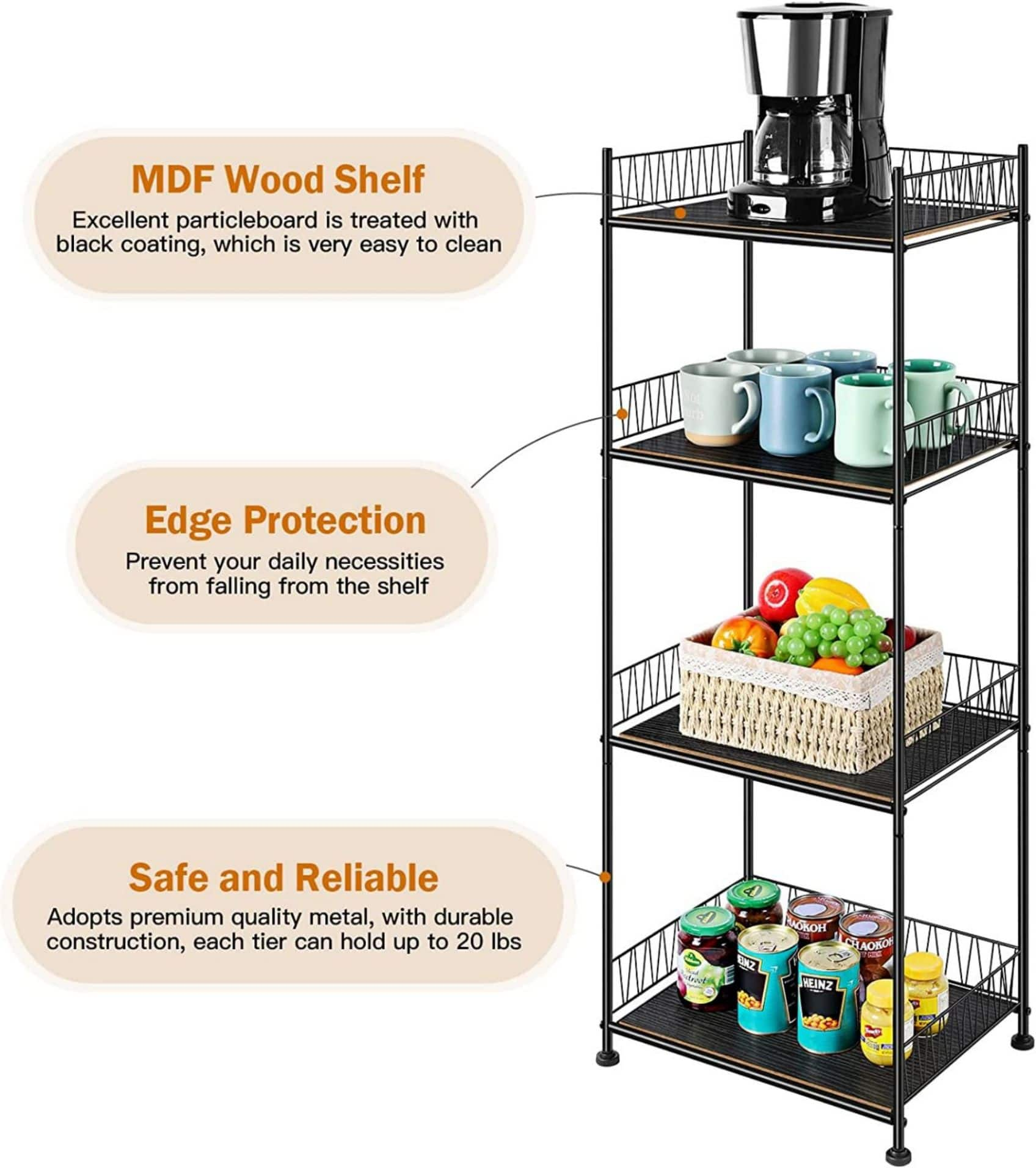 Black 4-Tier Bathroom Storage Rack Metal Shelving Unit with Wood Shelves