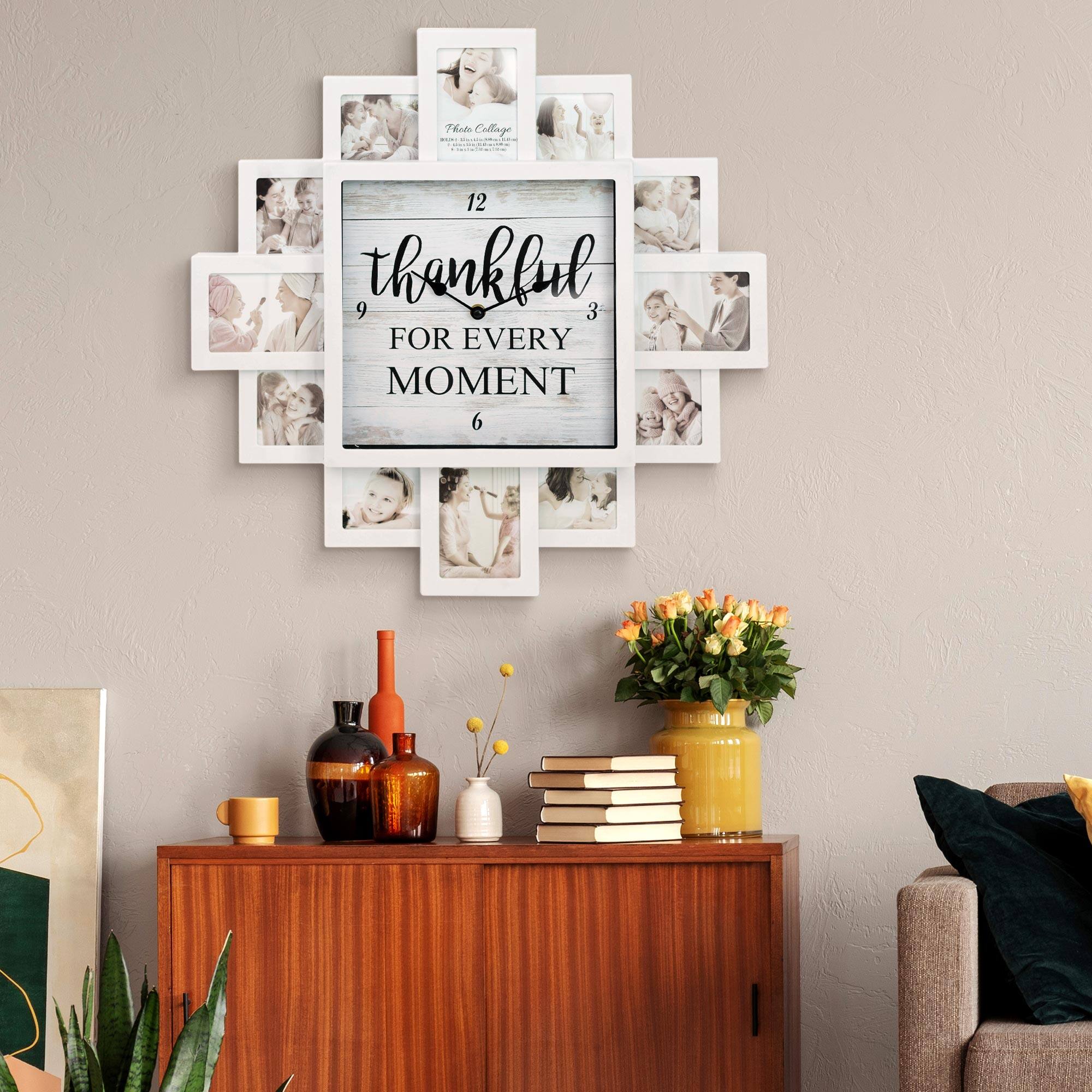 White Farmhouse Shabby-Chic "Thankful" Picture Frame Wall Collage Clock