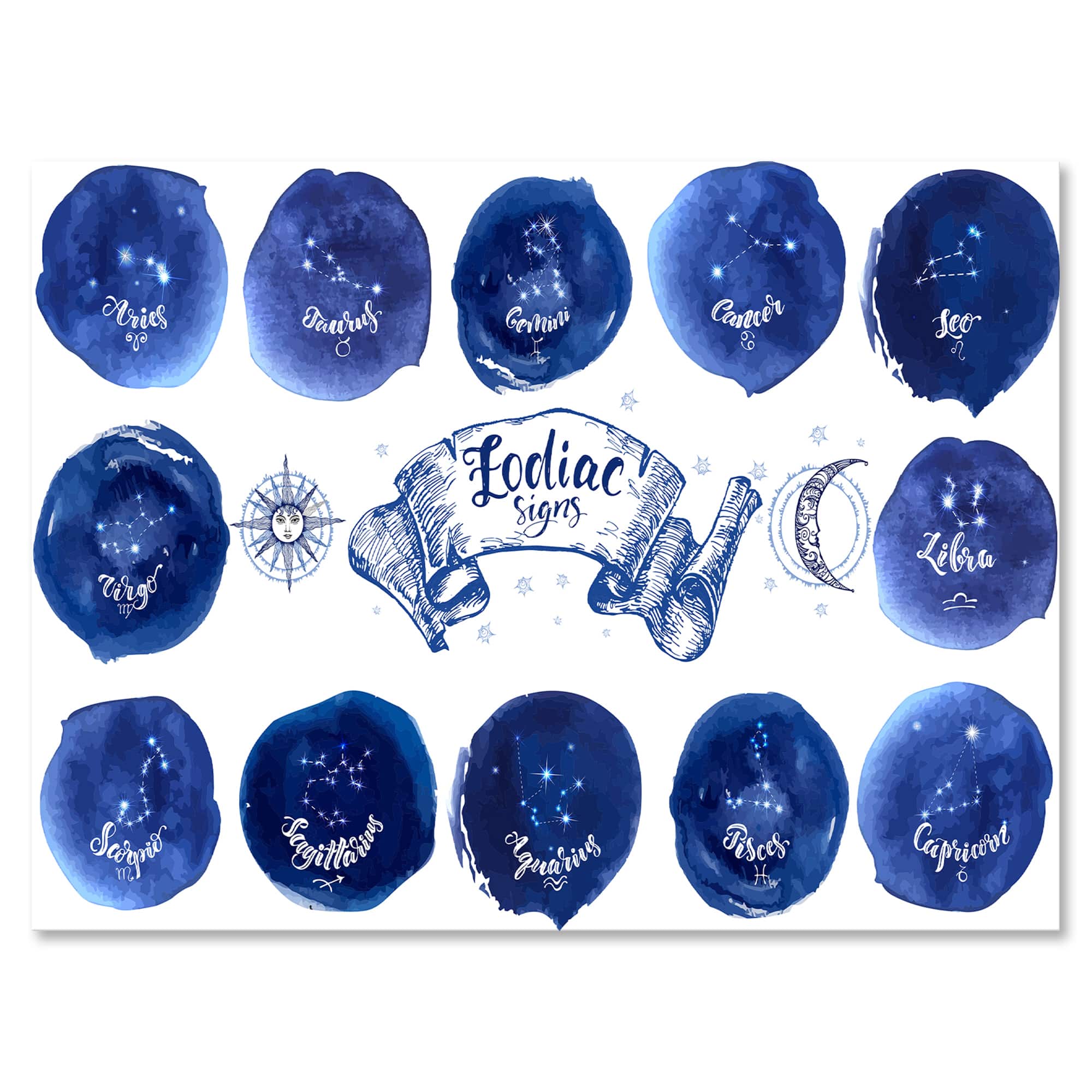 Designart - Collection of Astrology Signs On Blue - Modern Canvas Wall Art Print