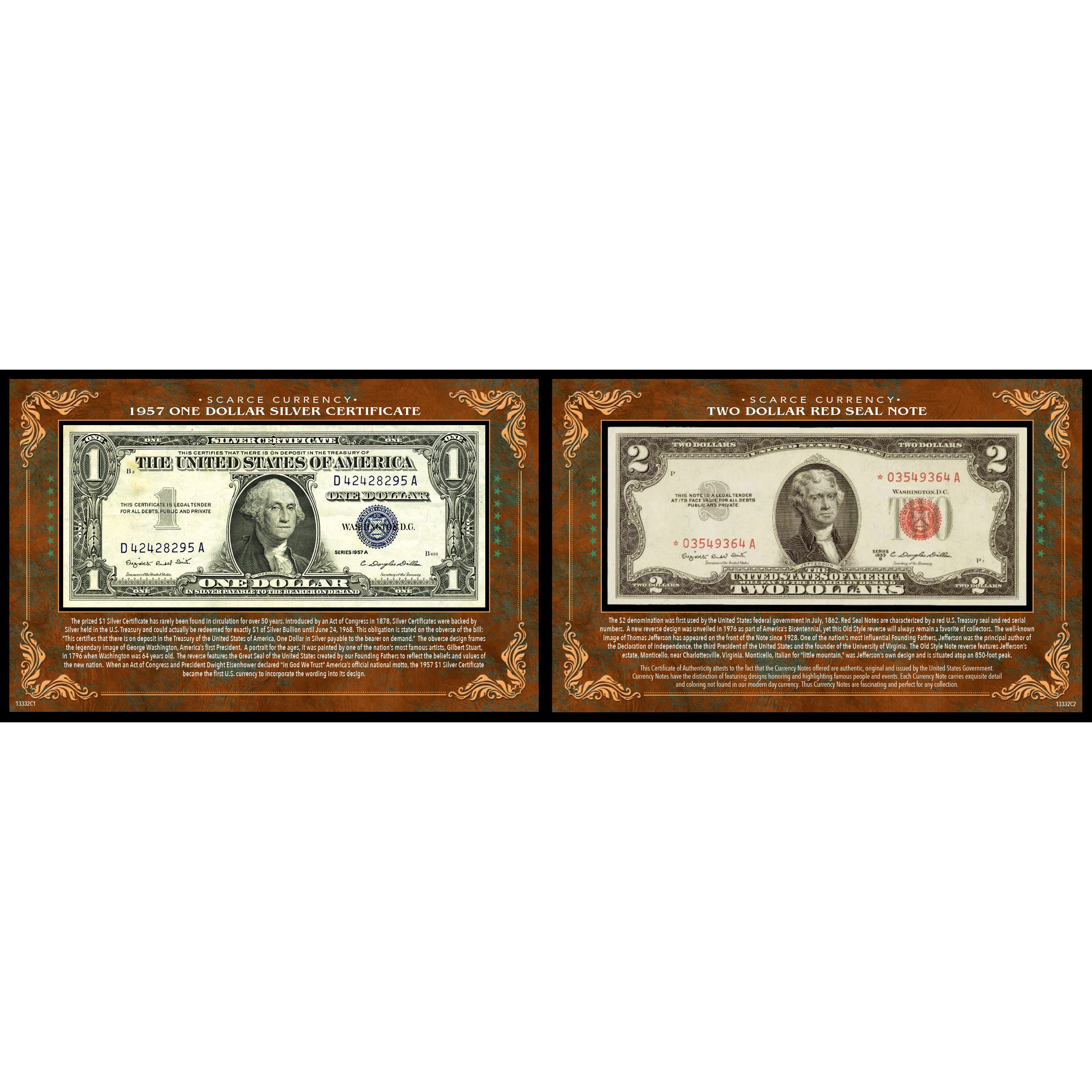 Scarce Currency - 1957 $1 Silver Certificate and $2 Red Seal Note