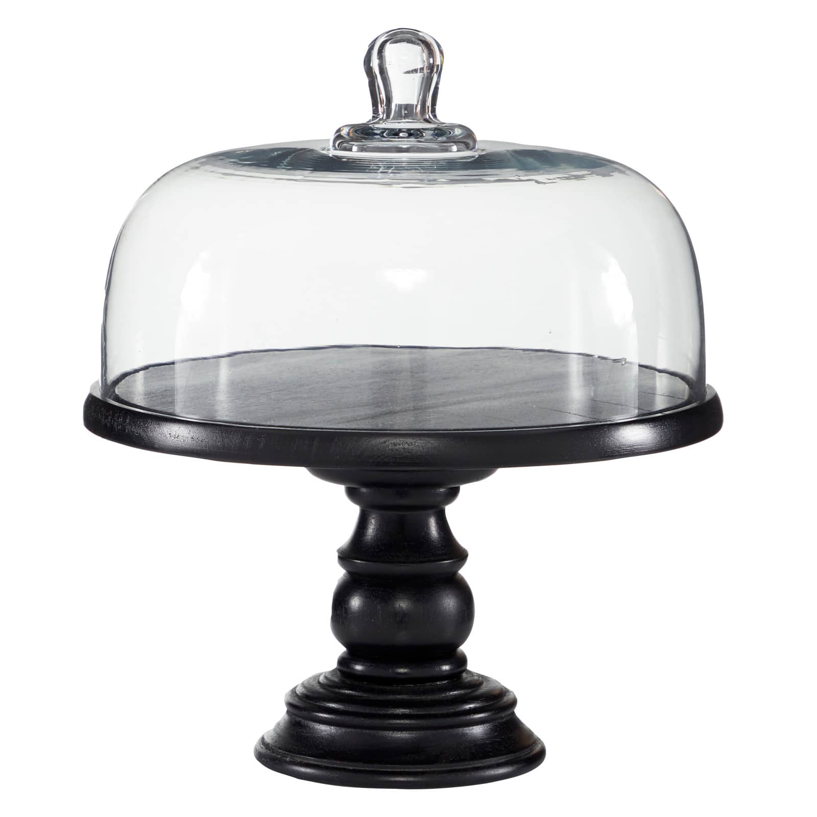 Black Wood and Glass Farmhouse Cake Stand with Cloche, 14&#x22; x 12&#x22; x 12&#x22;