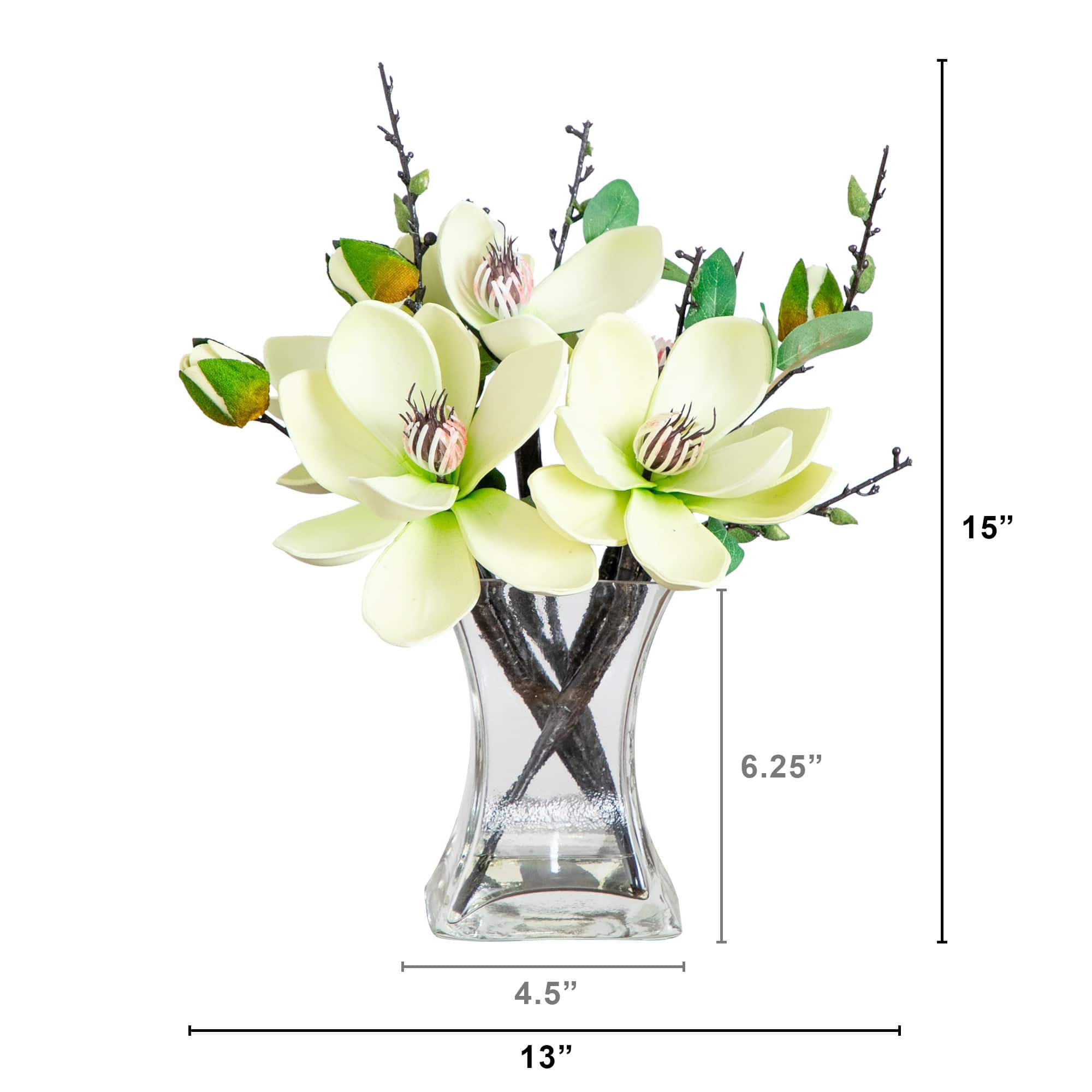 15&#x22; White Magnolia Arrangement with Glass Vase