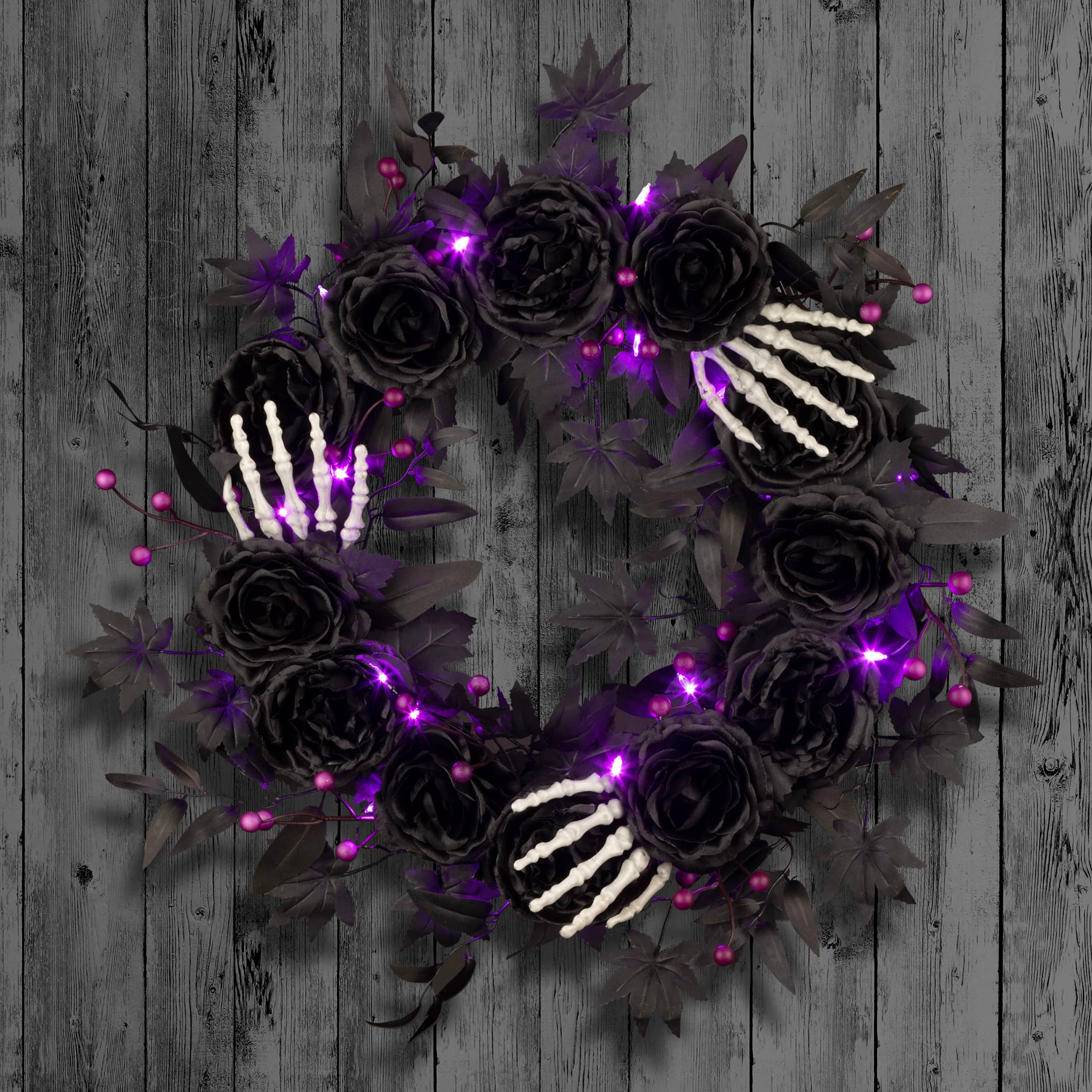 24&#x22; Bad to the Bone Black Flower &#x26; Skeleton Hand Halloween Pre-Lit LED Wreath