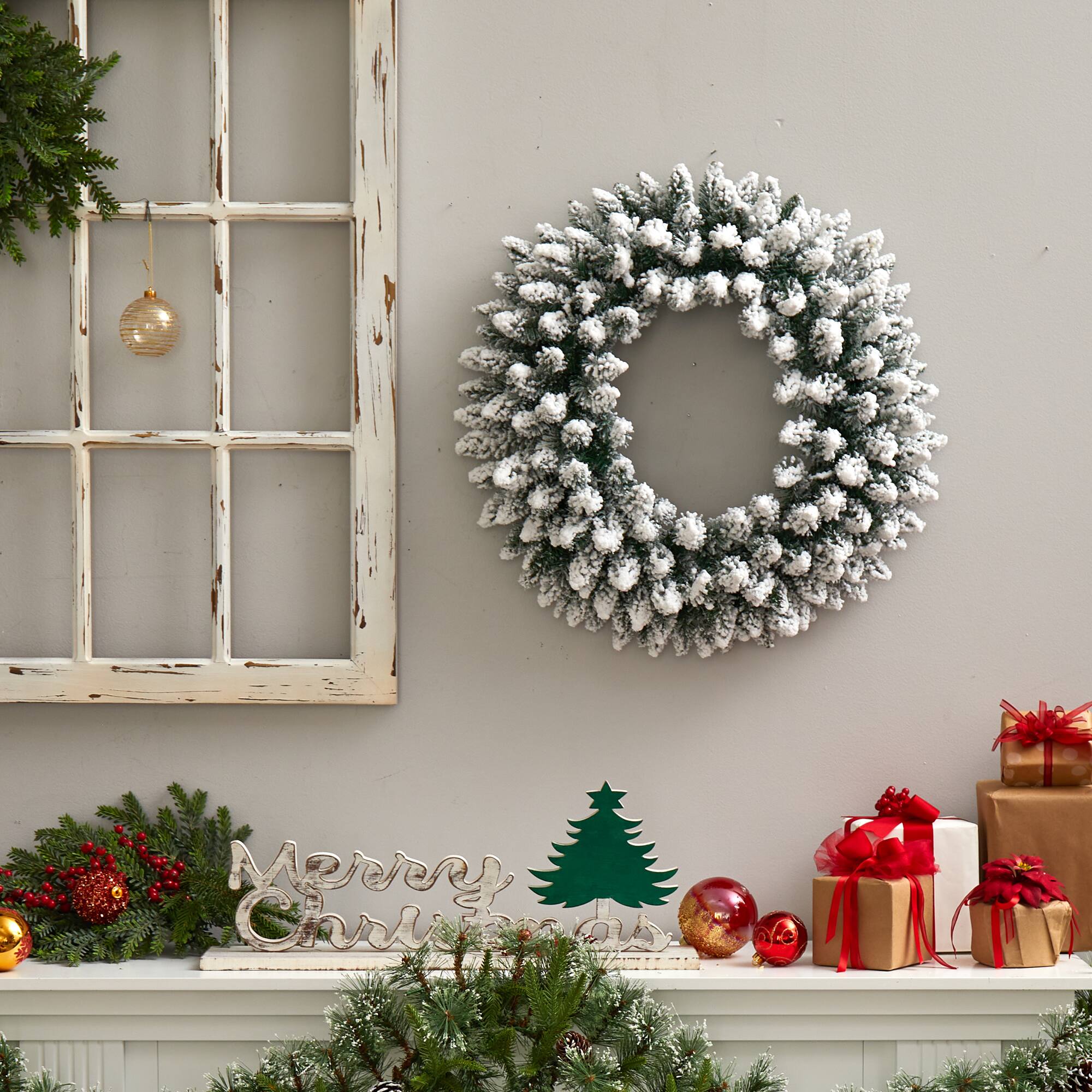 24&#x22; White LED Lights Flocked Artificial Christmas Wreath