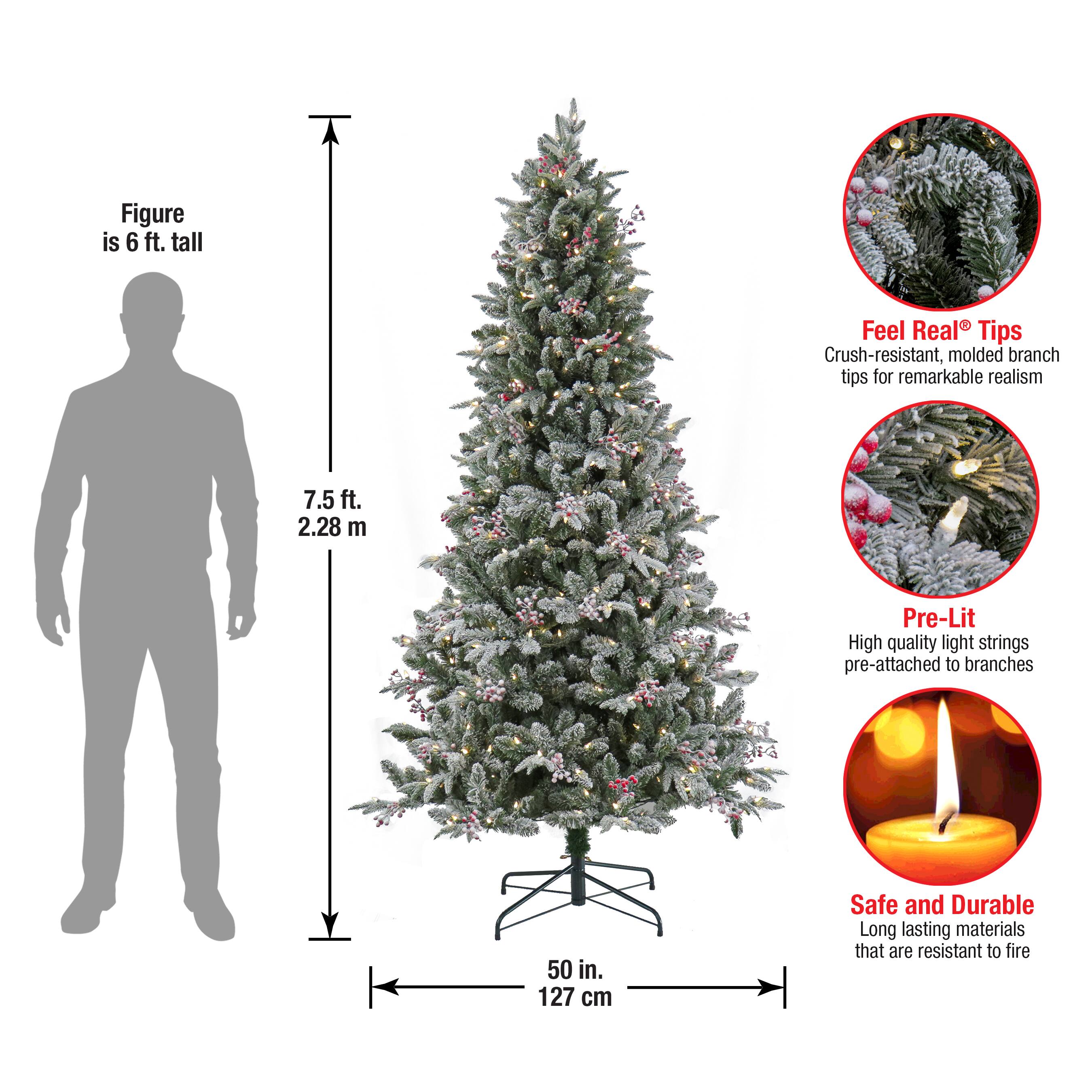 7.5 ft. Pre-Lit Feel Real® Snowy Poechmann Fir Artificial Cristmas Tree, Warm White LED Lights