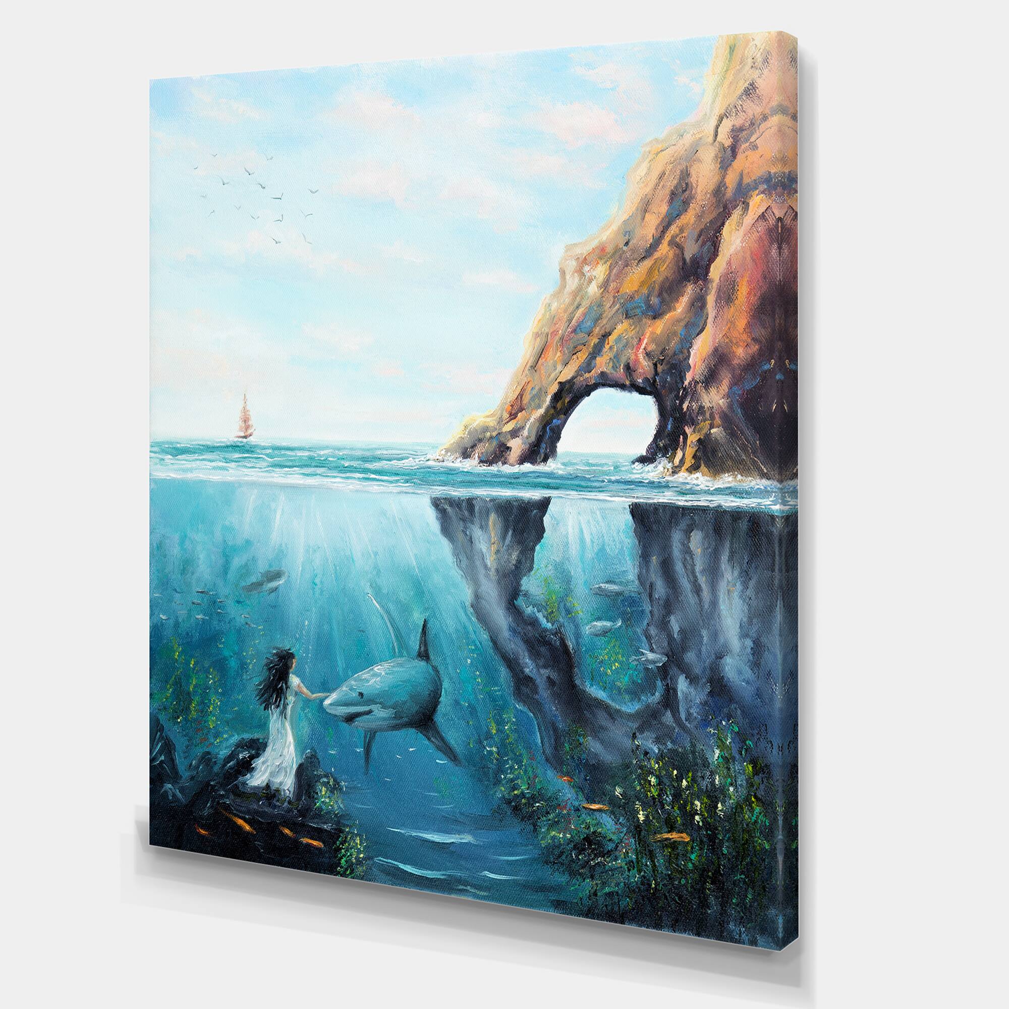 Designart - Underwater Fairy And Shark Ocean And MountaIn World - Nautical & Coastal Canvas Wall Art Print