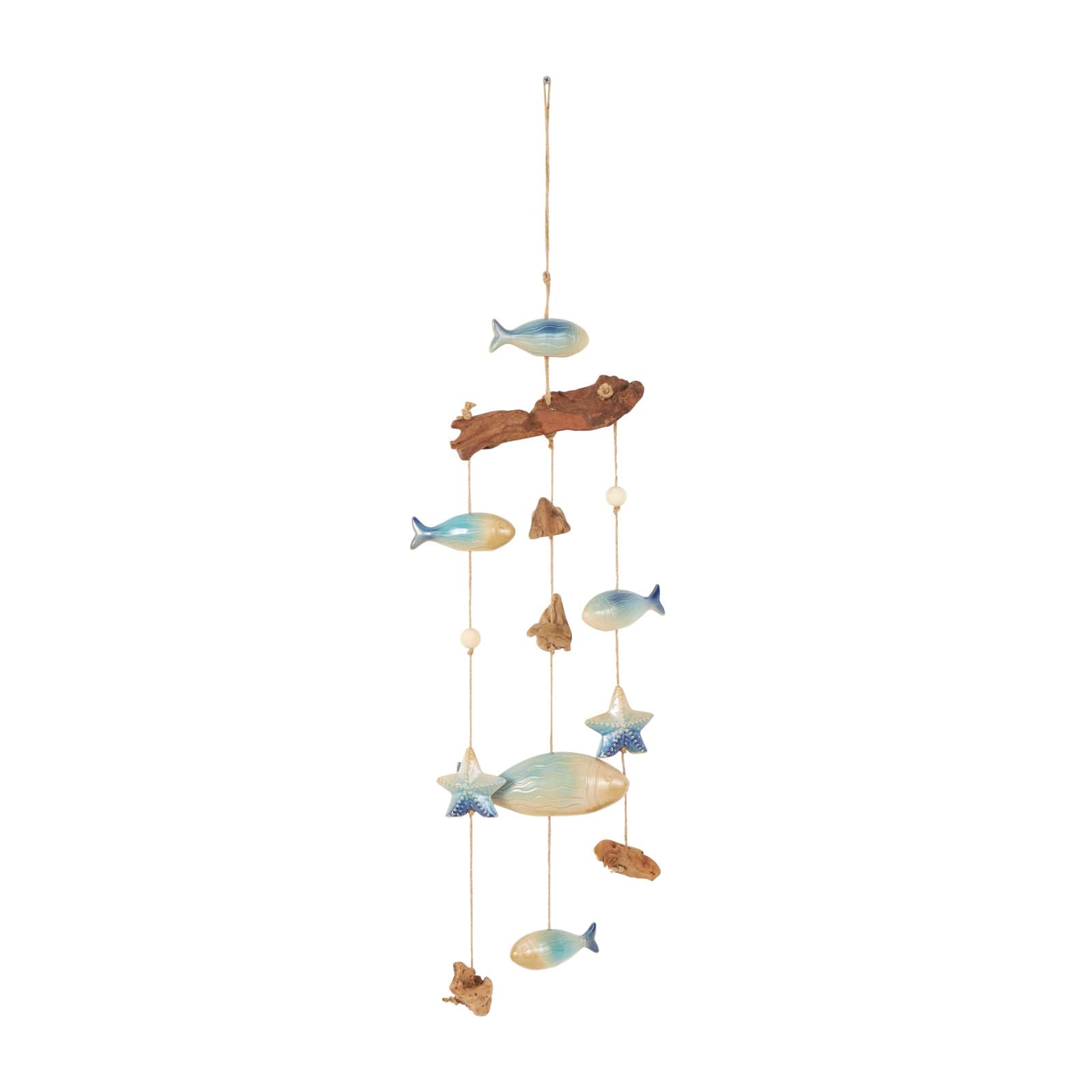 3ft. Brown Ceramic Fish Windchime with Driftwood &#x26; Hanging Starfish Accents