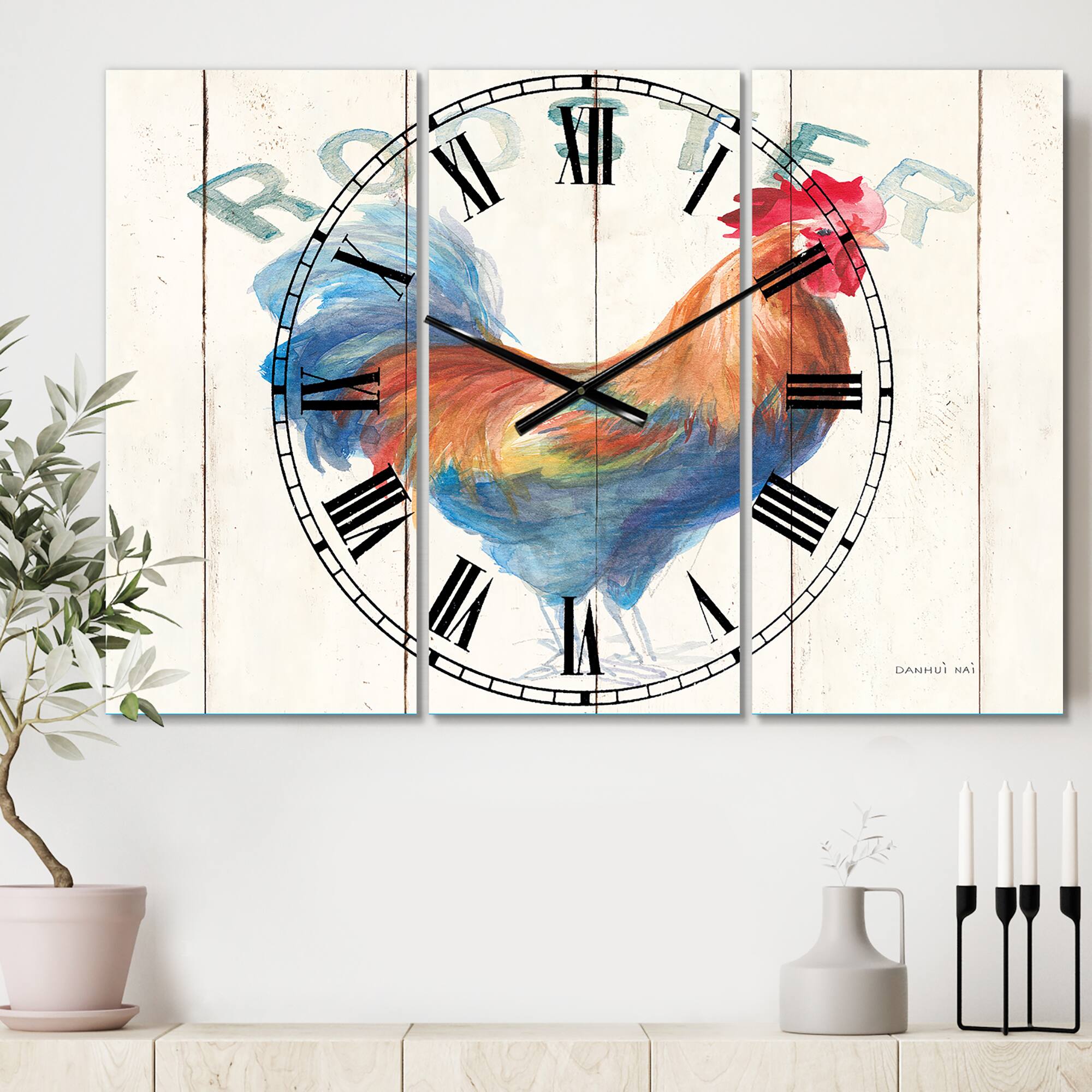 Designart Farm Rooster Farmhouse 3 Panel Wall Clock