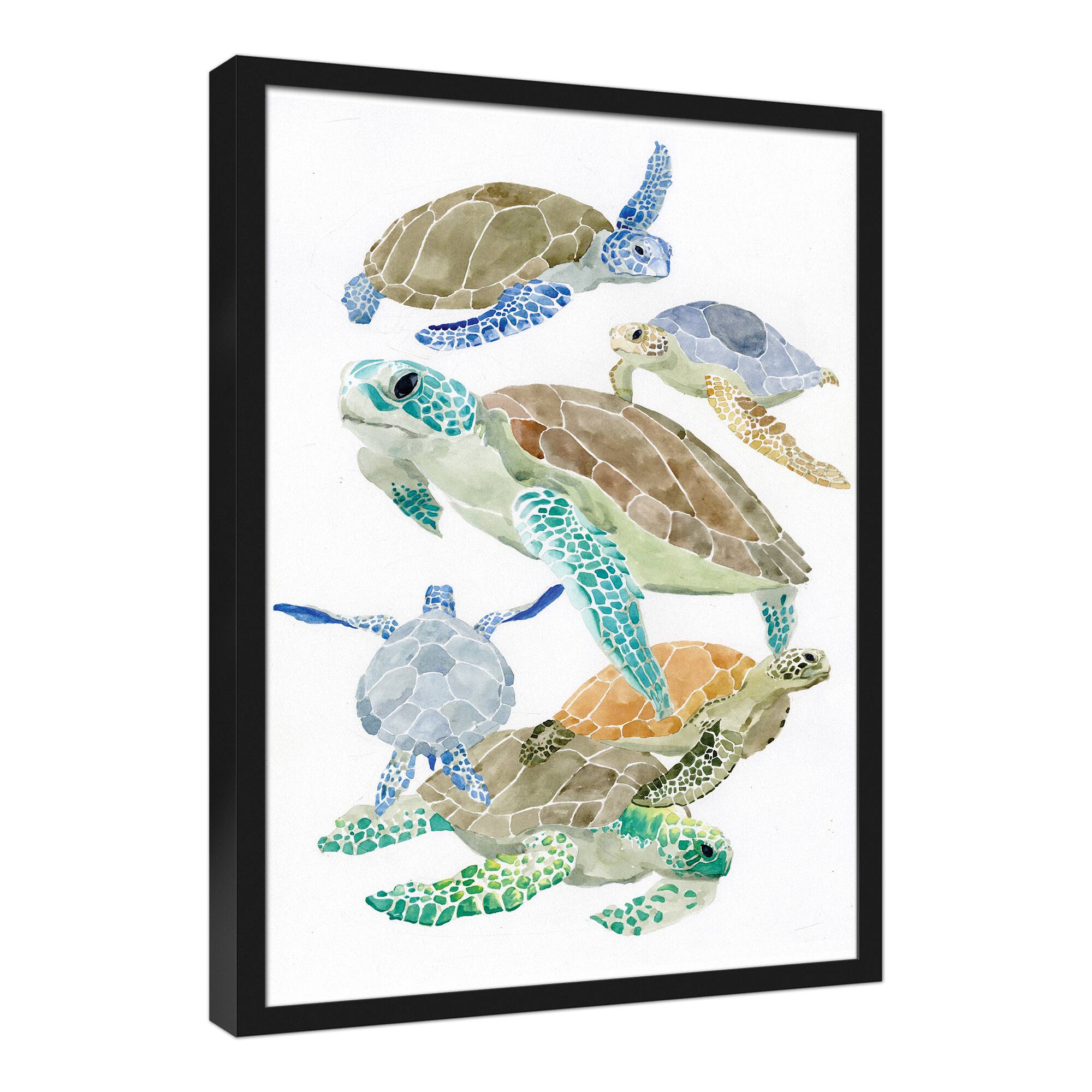 Sea Turtle Cluster Black Framed Canvas Wall Art