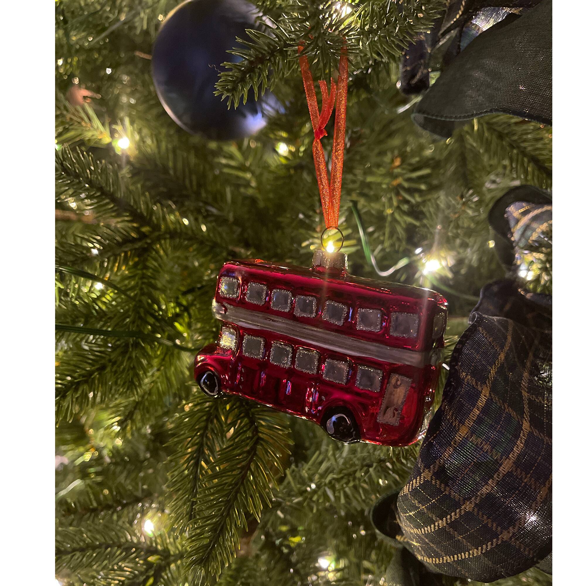 4&#x22; Shiny Metallic Red &#x26; Silver Glass Double Decker Bus Christmas Ornament