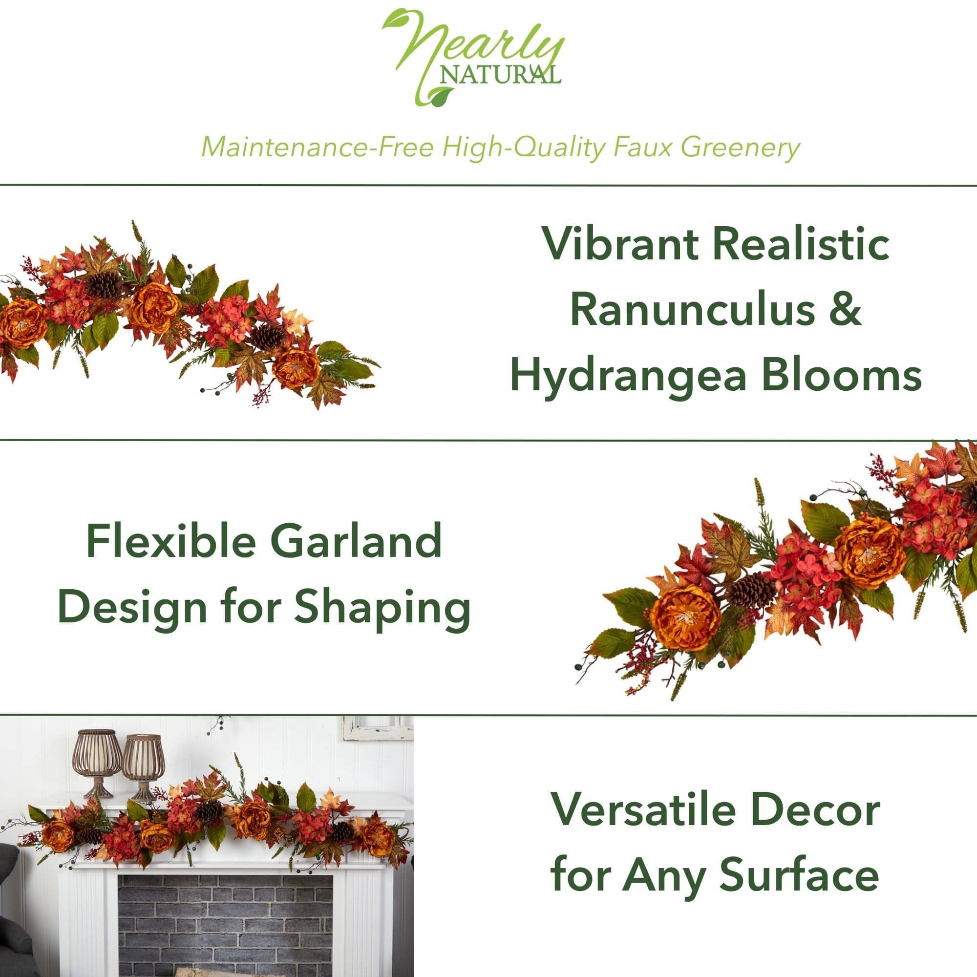 6ft. Fall Ranunculus, Hydrangea &#x26; Berries Autumn Garland