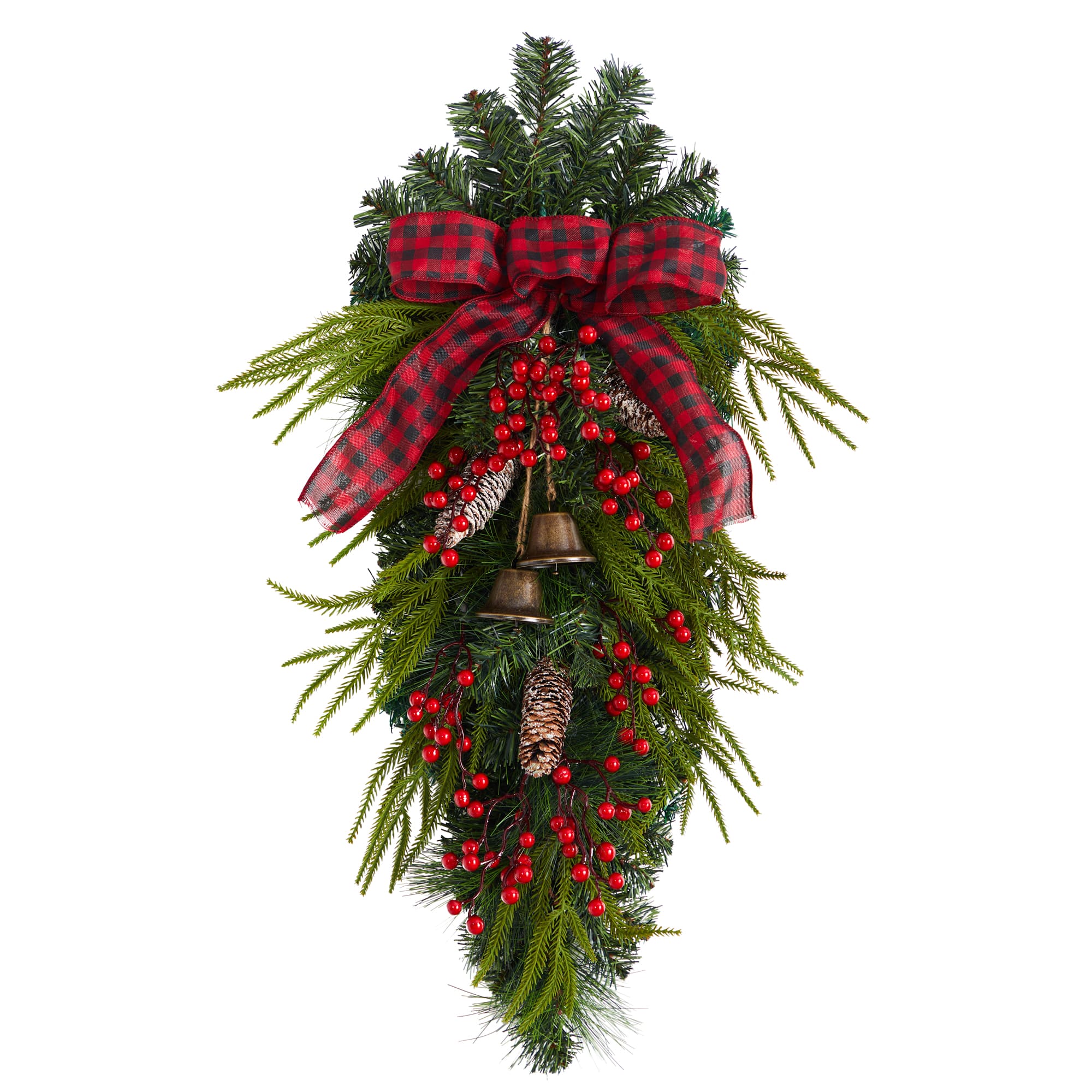 24" Pinecones, Berries & Bells Christmas Teardrop Swag