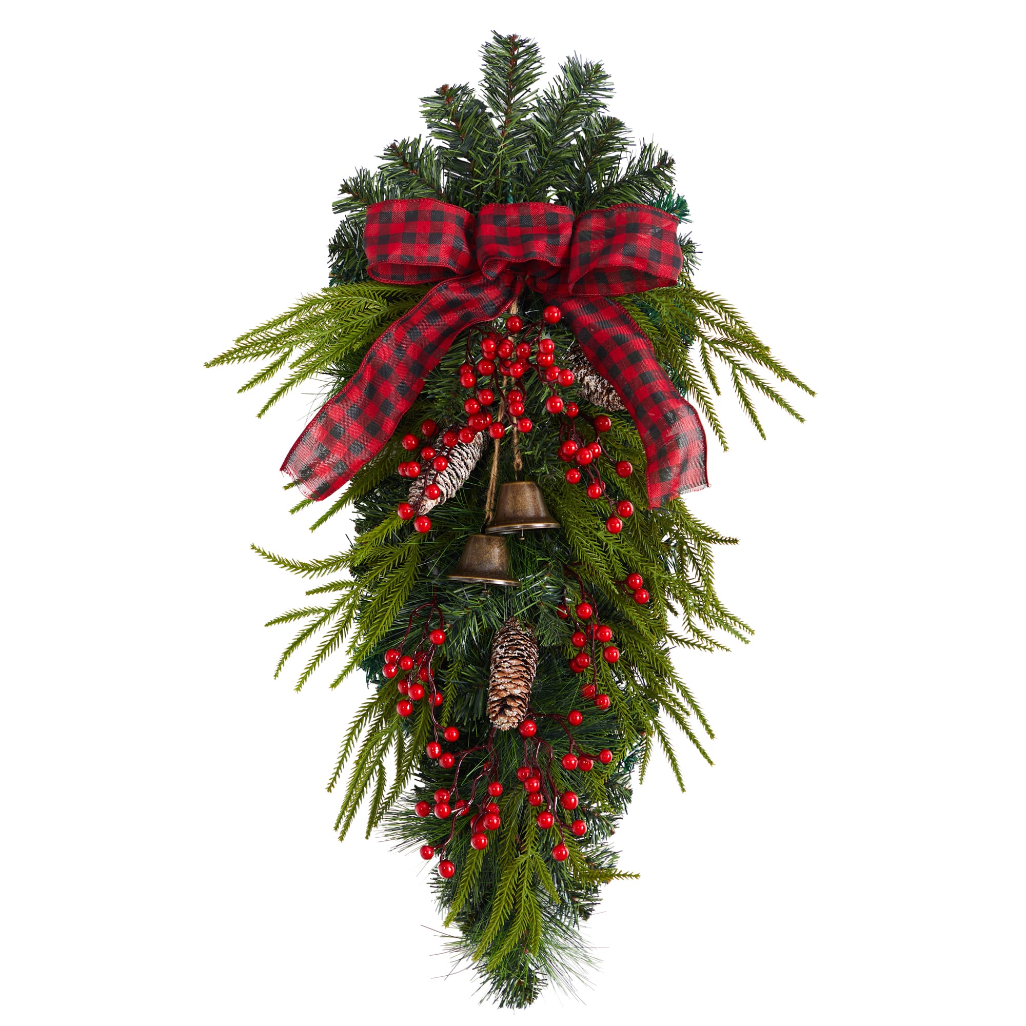 24&#x22; Pinecones, Berries &#x26; Bells Christmas Teardrop Swag