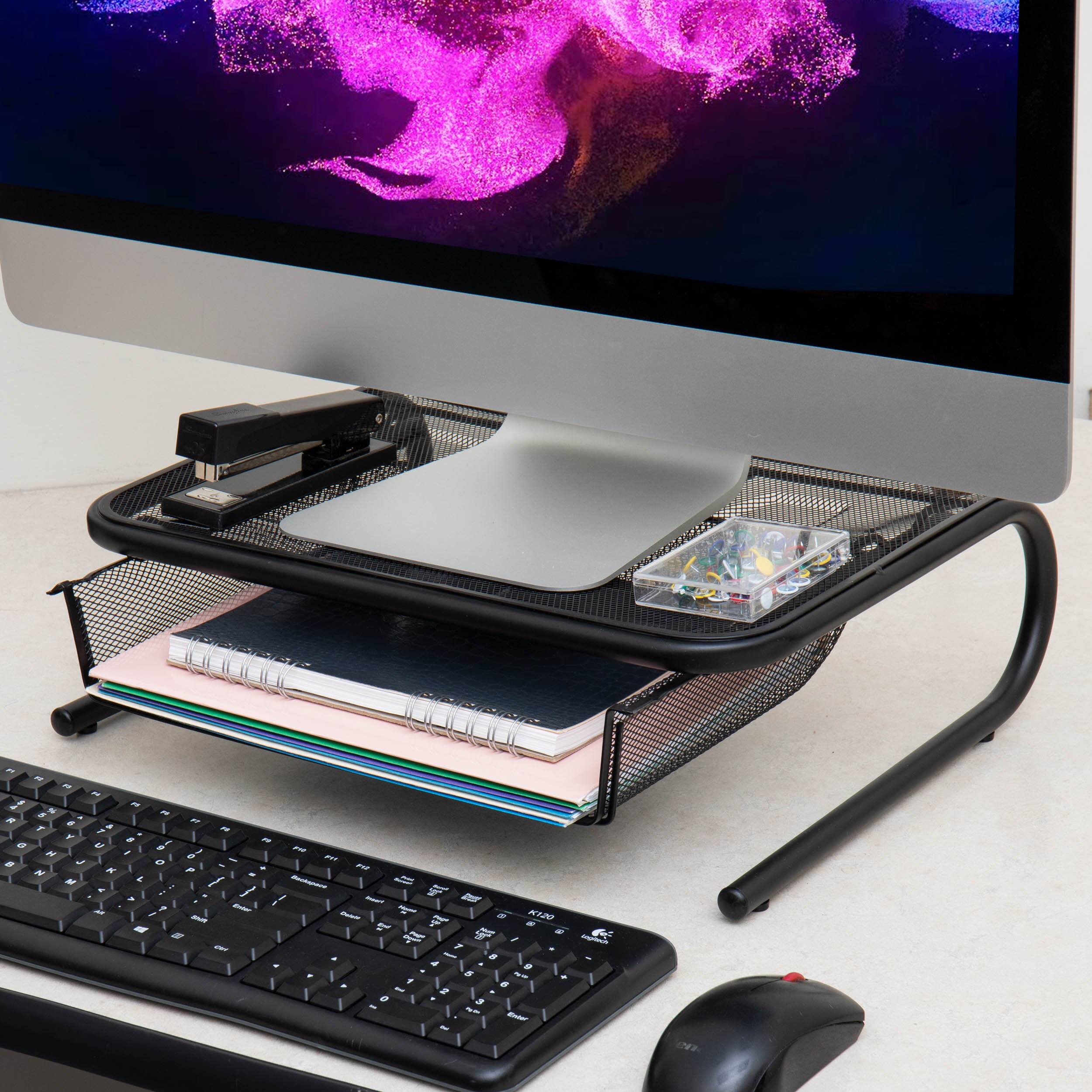 Mind Reader Black Metal Mesh Monitor Stand &#x26; Desk Organizer With Storage Drawer