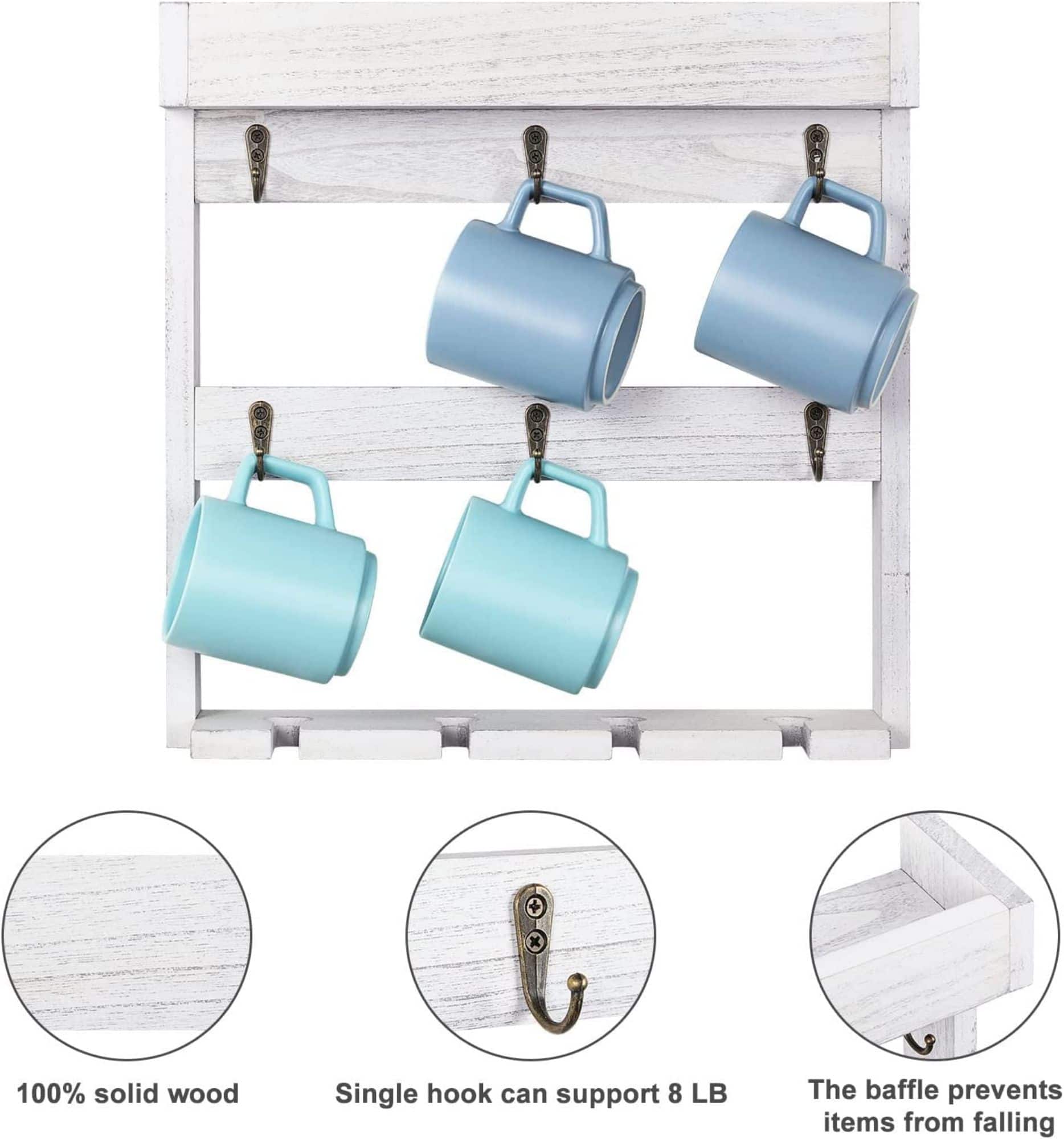 NEX™ 16" Gray White Wood Wall-Mounted Coffee Mug Rack