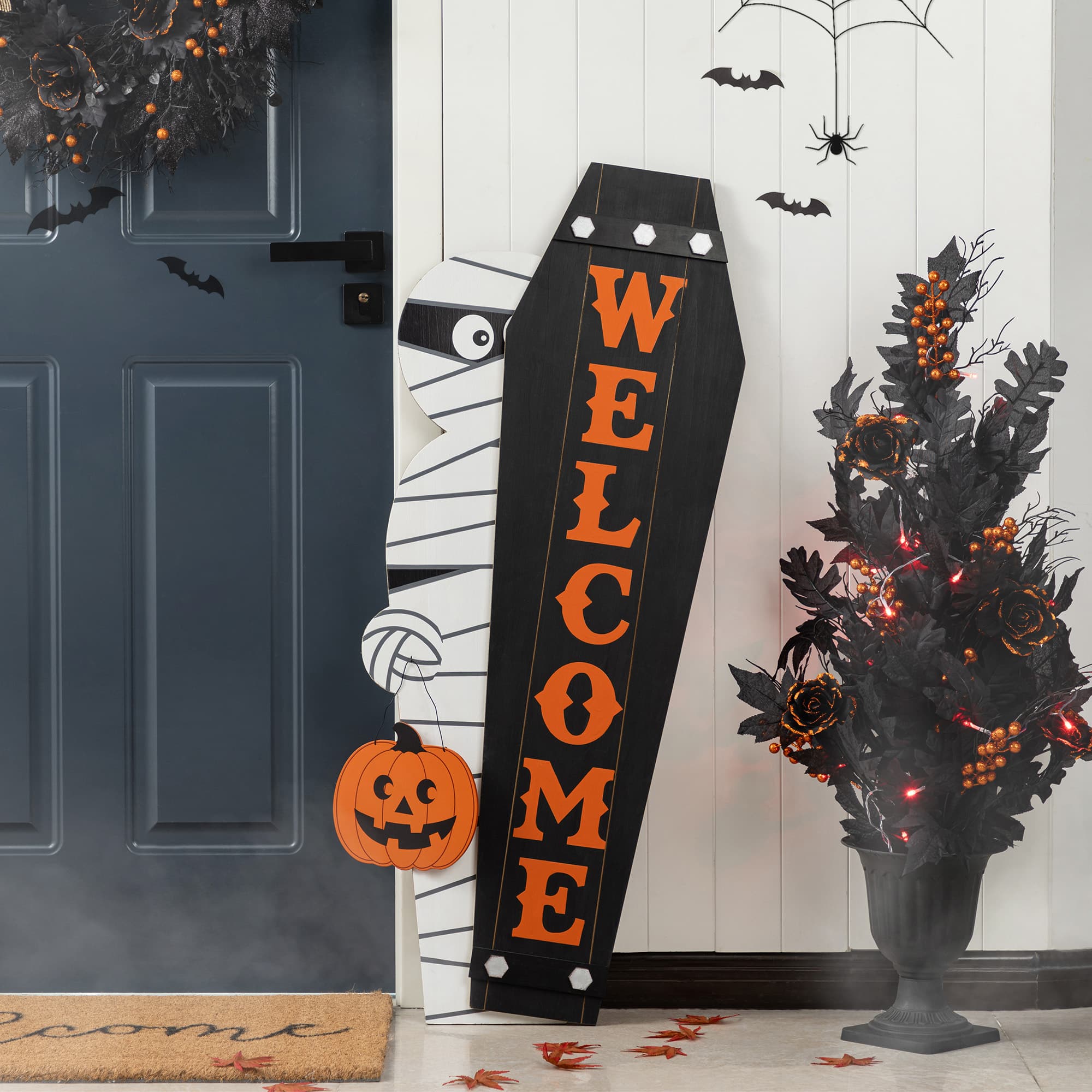 Glitzhome&#xAE; Halloween Wood Mummy and Welcome Coffin Porch Decor Set