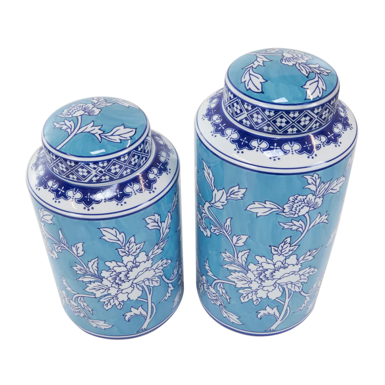 Blue Ceramic Decorative Jar Set with White Floral Patterns