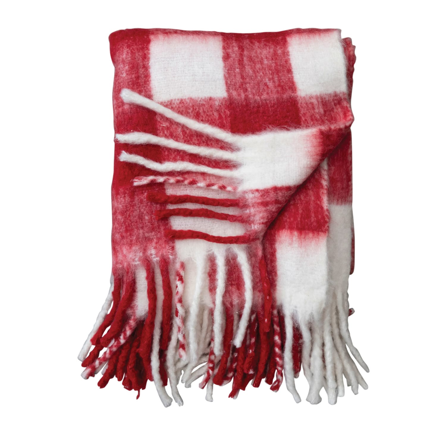 Red &#x26; White Plaid Woven Acrylic Throw with Fringe