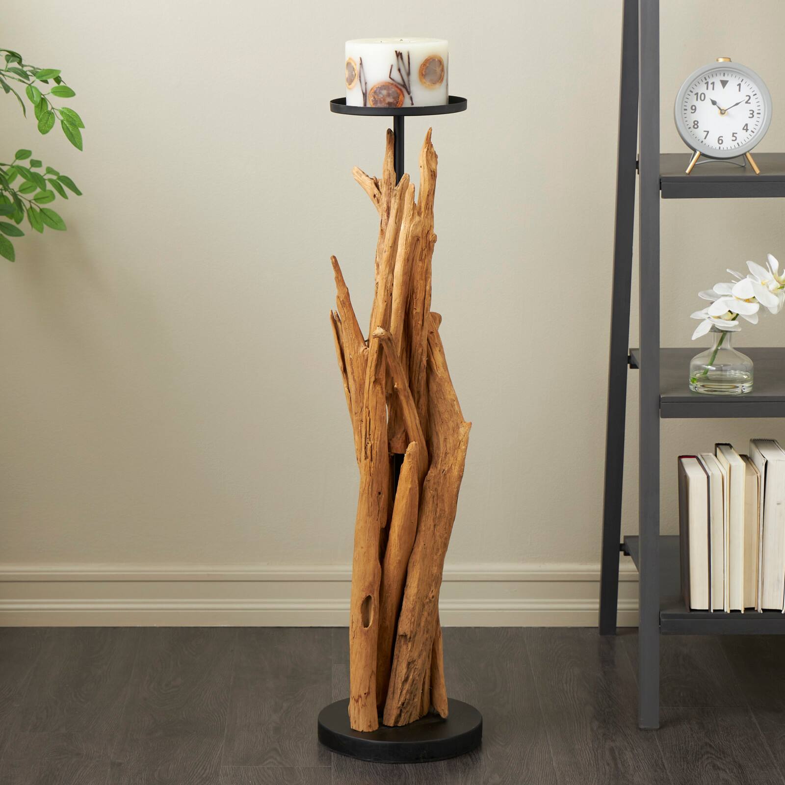 39&#x22; Brown Teak Wood Handmade Tall Tree Branch Floor Candle Holder with Black Metal Accents
