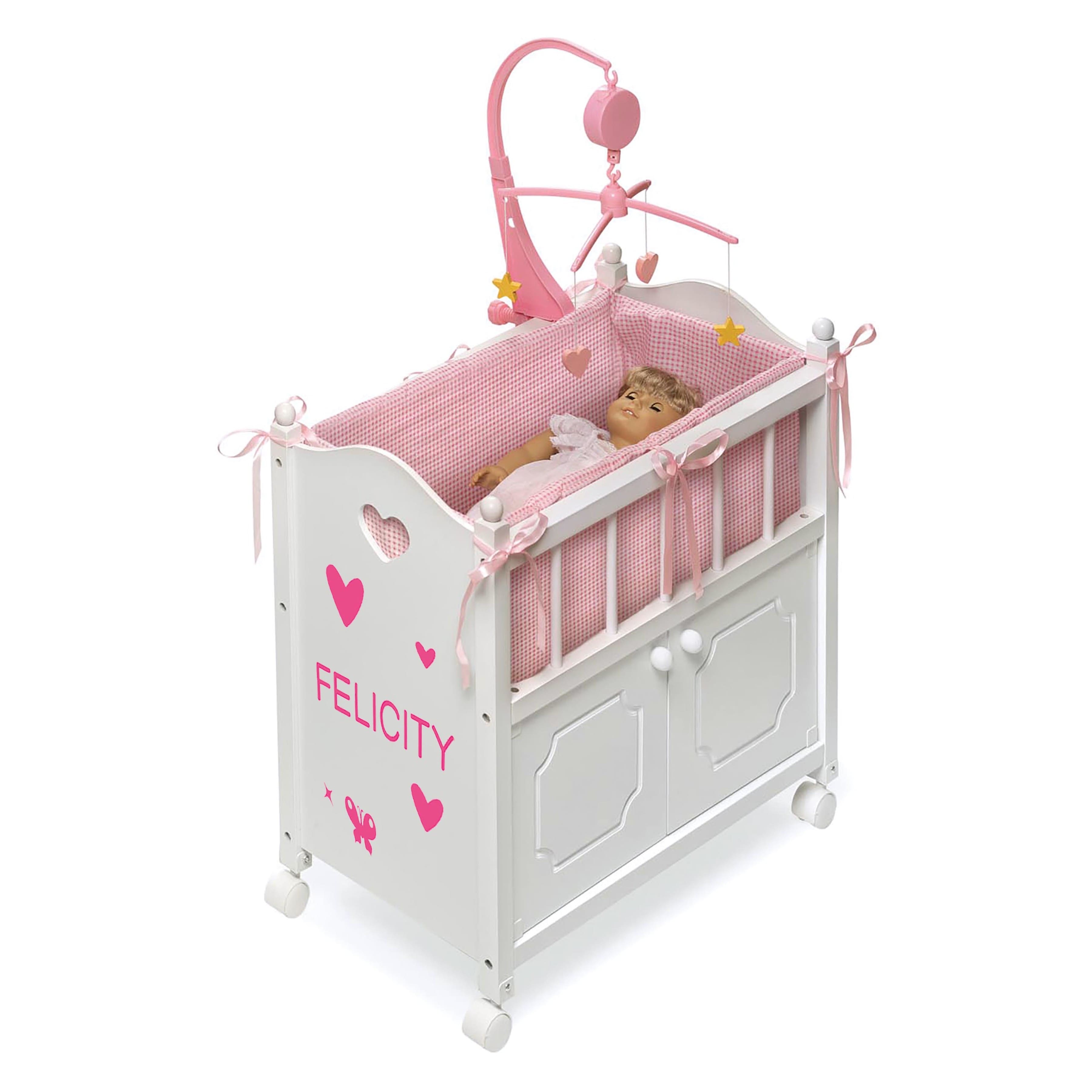 Badger Basket White & Pink Cabinet Doll Crib with Gingham Bedding