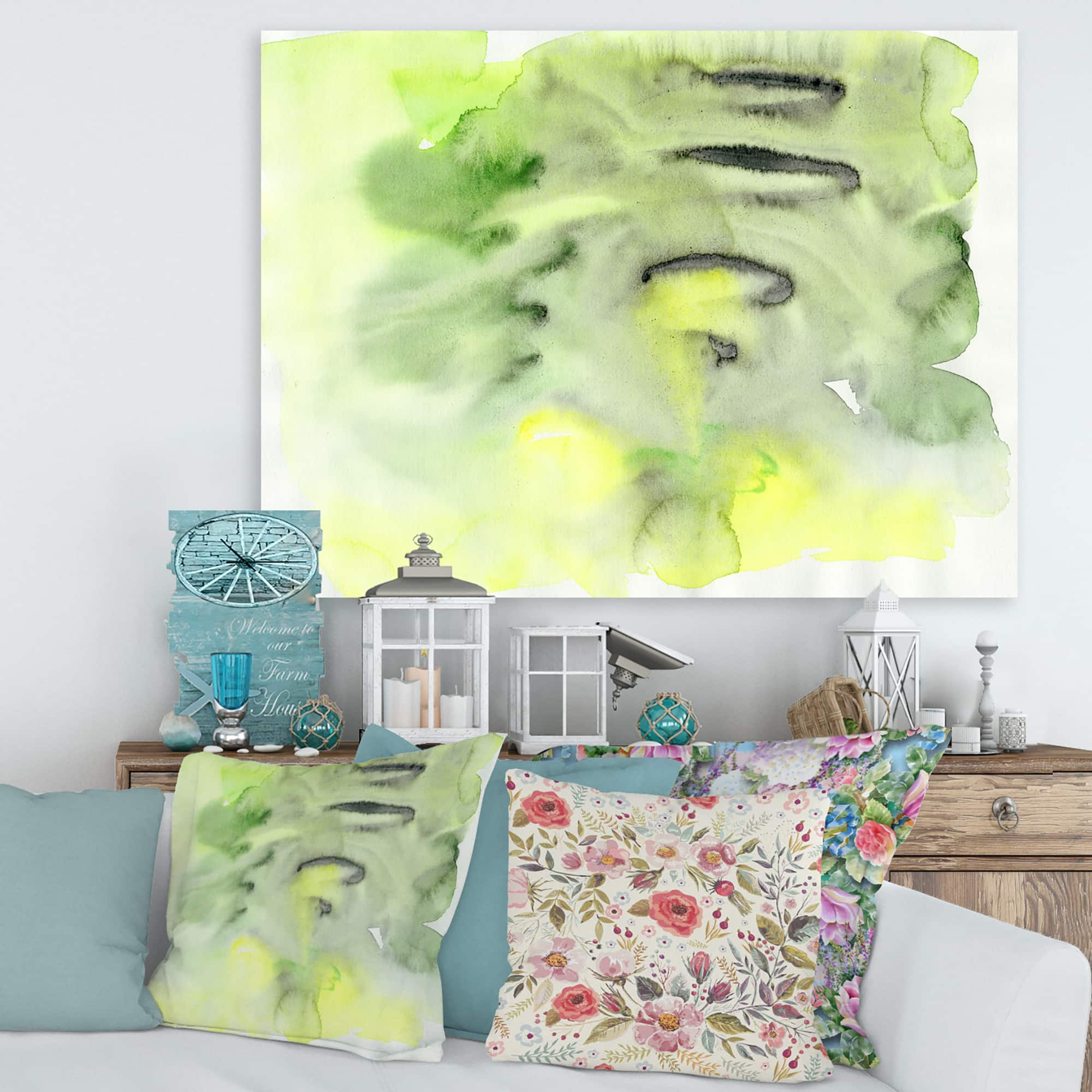 Designart - Abstract Pond of Green and Yellow - Modern Canvas Wall Art Print