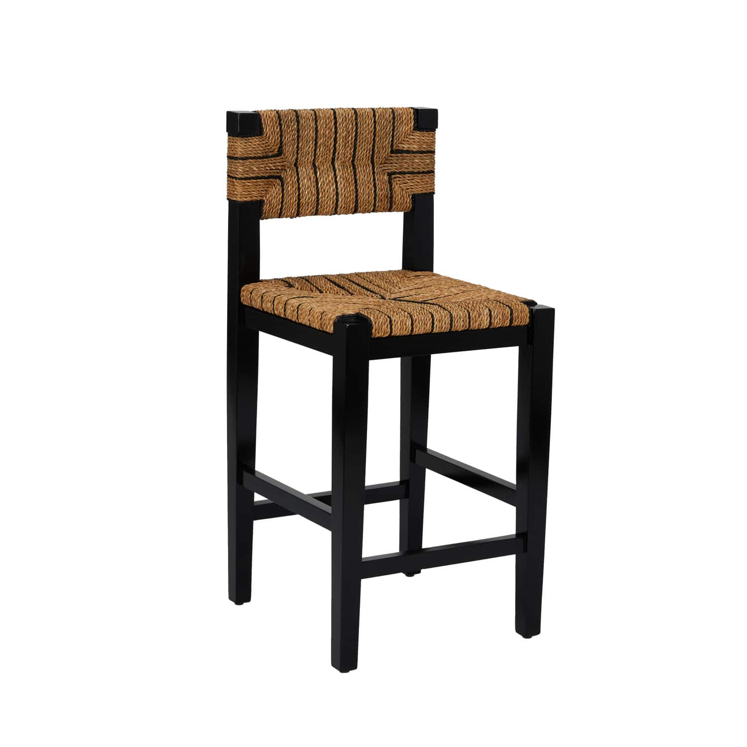 Willowbrook 3ft. Black Mahogany Solid Wood &#x26; Natural Woven Seagrass Rope Stool