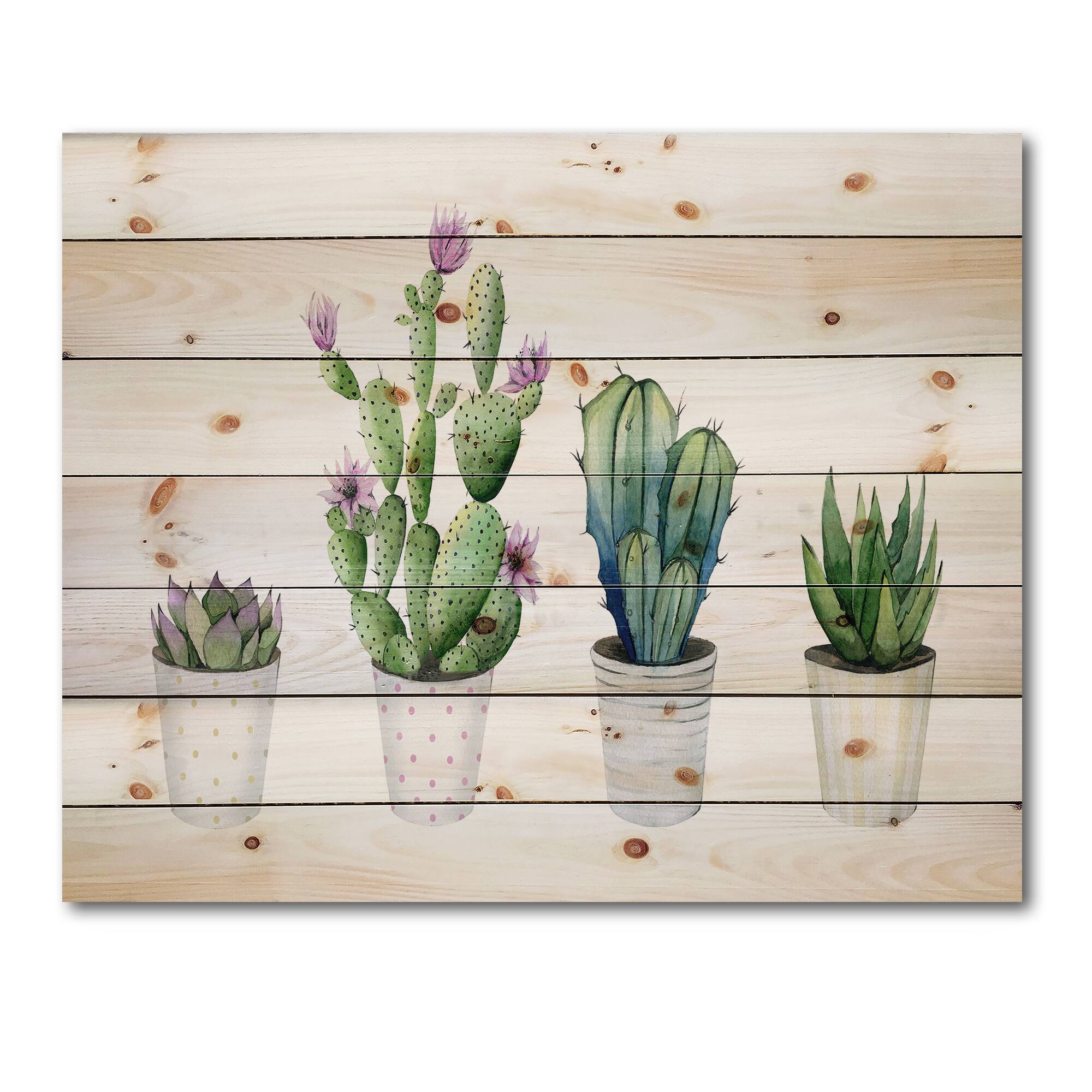 Designart - Cactus Succulent Aloe Vera Home Plants In The Pots - Botanical Print on Natural Pine Wood