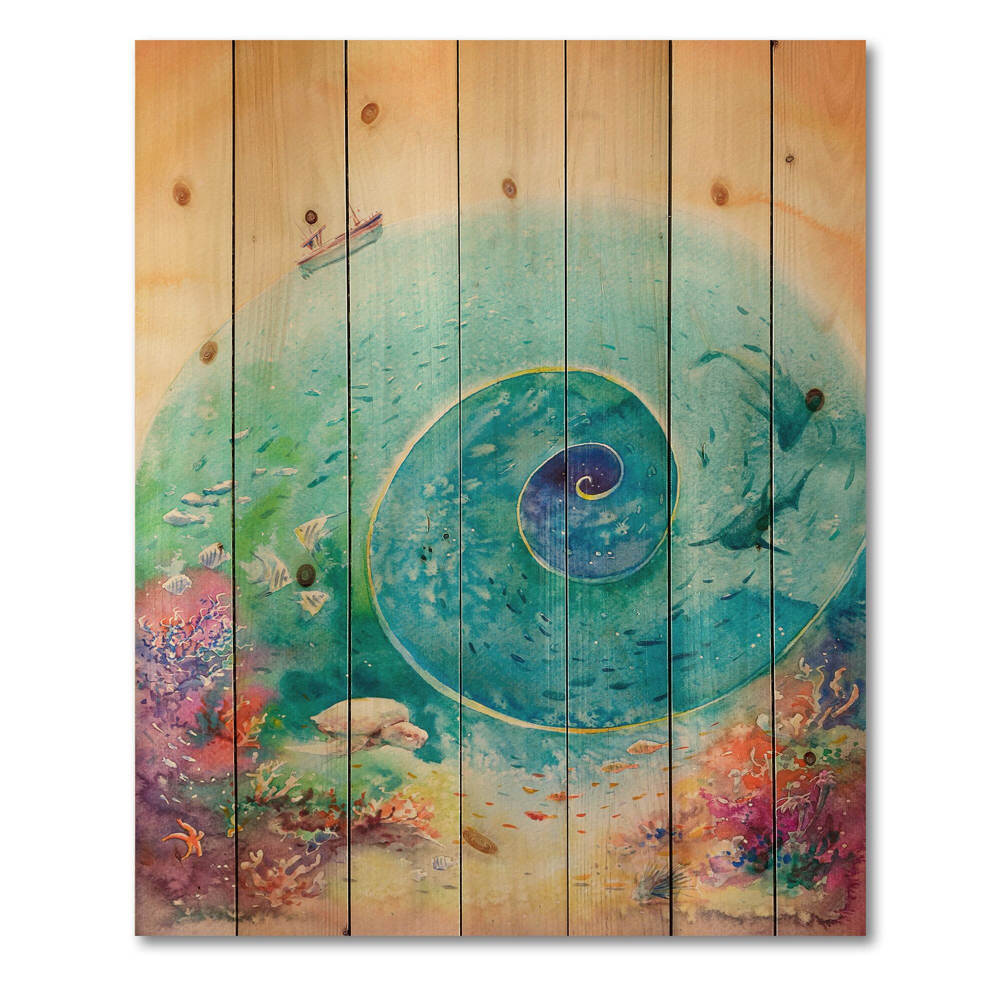Designart - Turquoise Ocean Spiral With Coral Reef Fishes - Nautical & Coastal Print on Natural Pine Wood