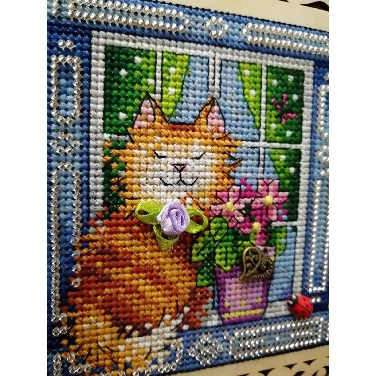 MP Studia Cat In The Window Cross Stitch On Wood Kit