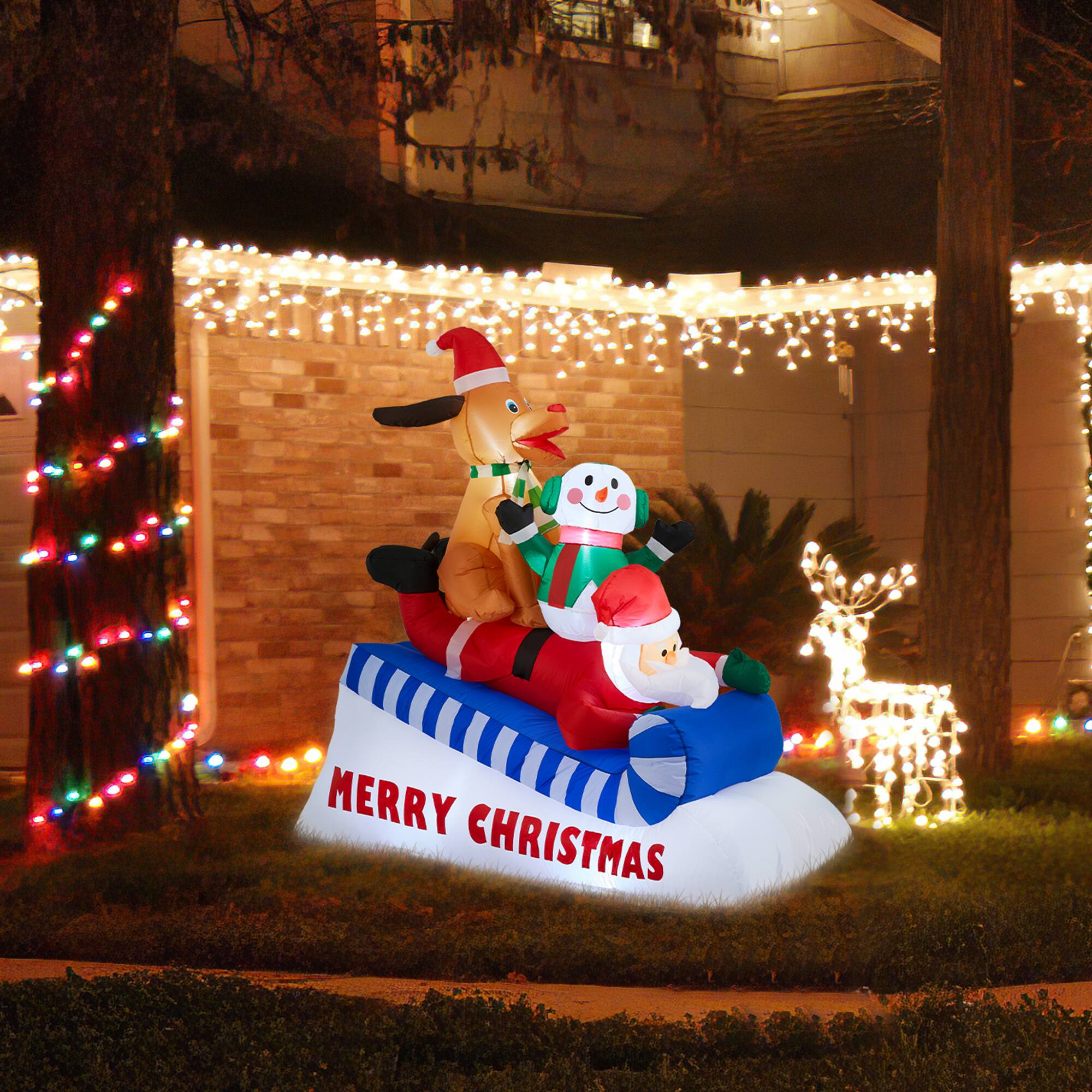 Glitzhome&#xAE; 6FT Lighted Inflatable Skiing Santa, Snowman &#x26; Dog