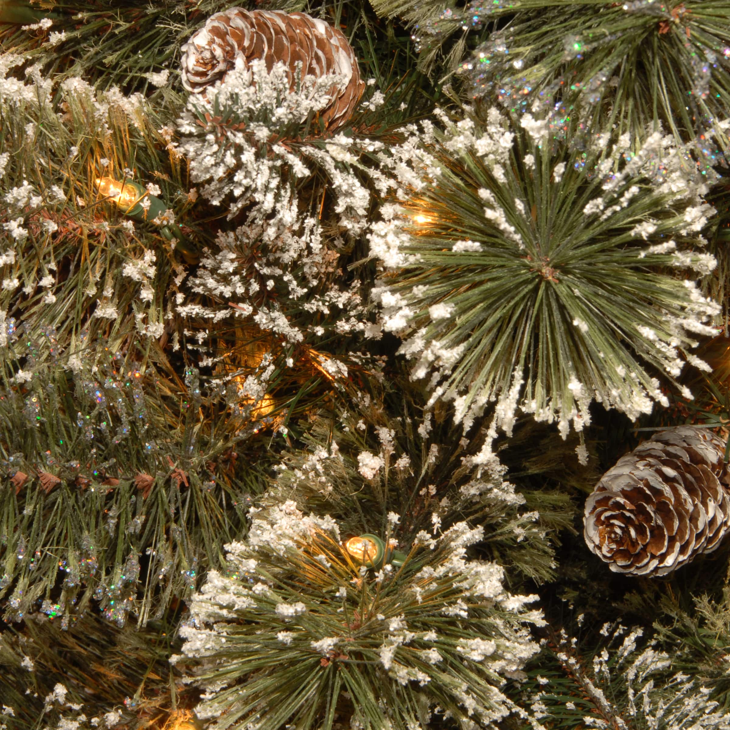 32" Glittery Bristle® Pine Snowflake with White Tipped Pine Cones & Warm White LED Lights