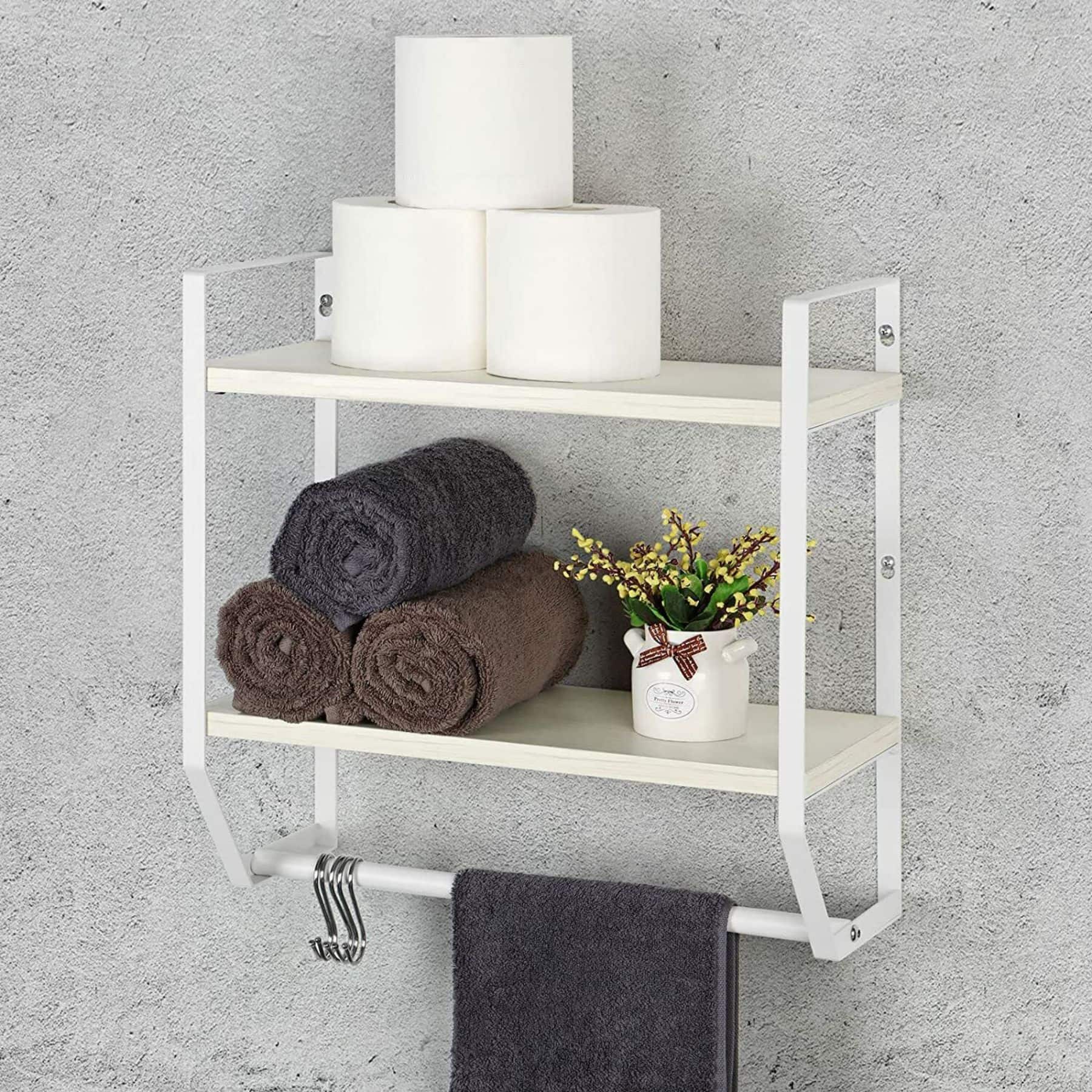 2-Layer Wall Mounted Rustic Shelves with Iron Towel Bar