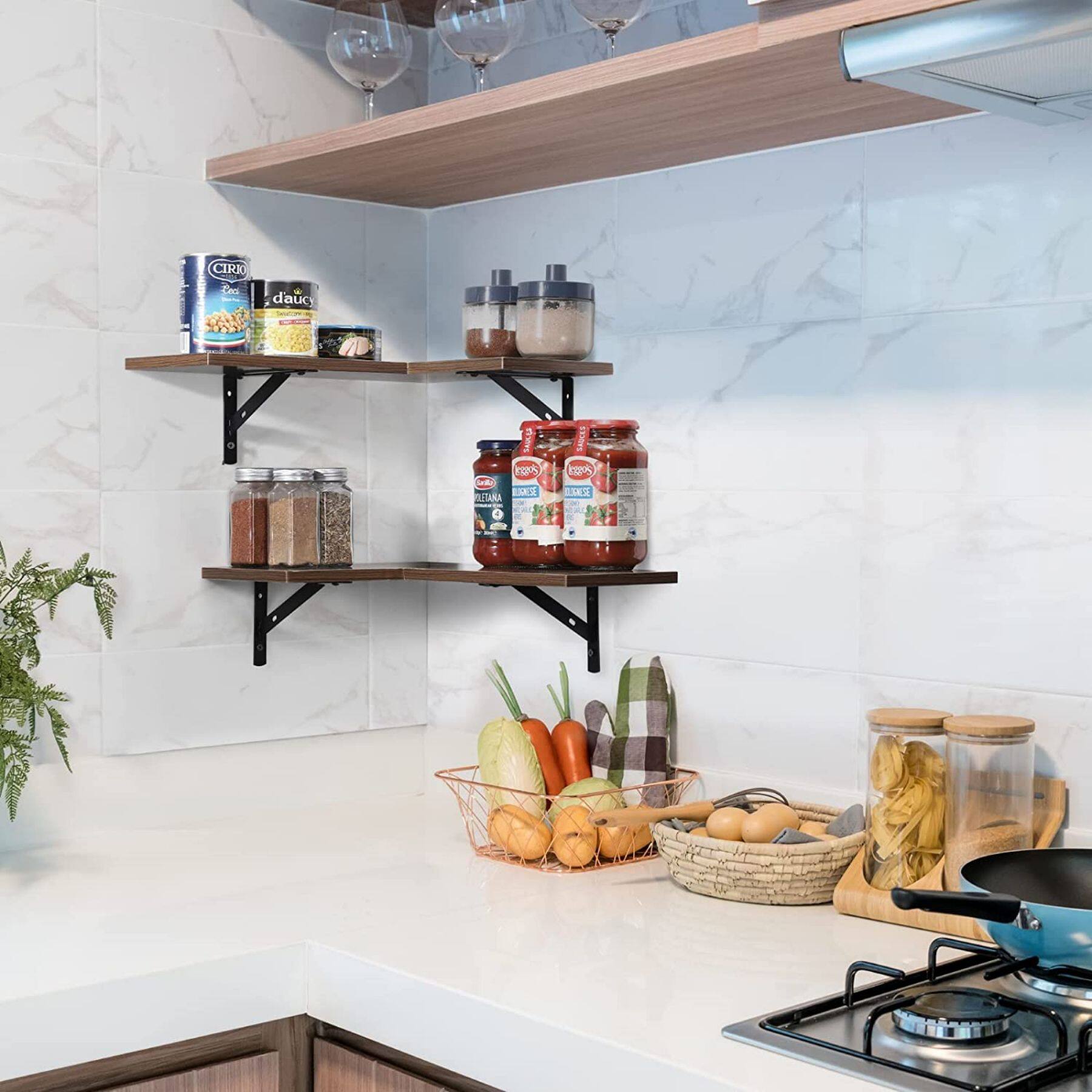 Brown Wood Wall Mounted Corner Floating Shelf Set