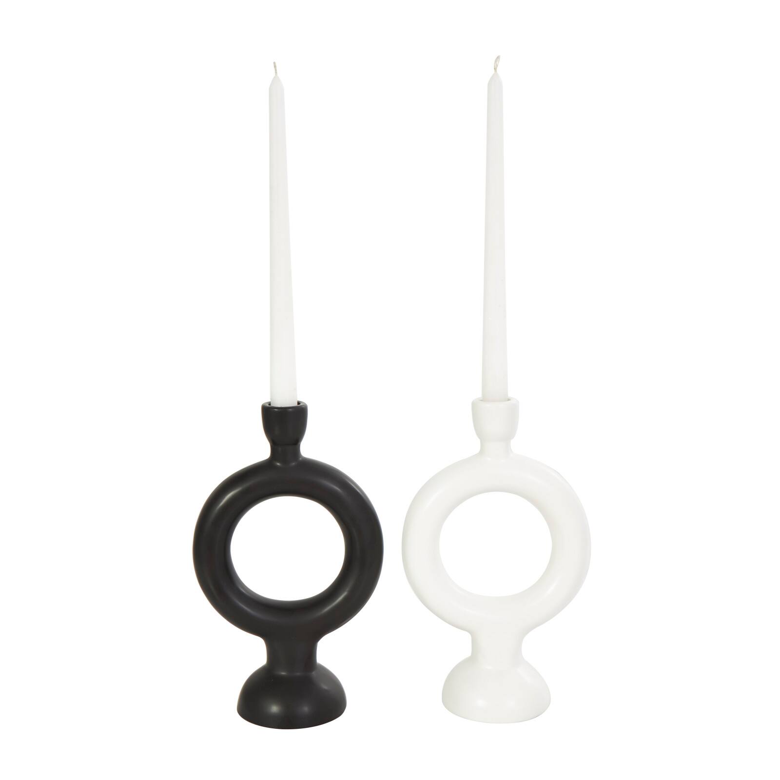 CosmoLiving by Cosmopolitan 9" Black & White Ceramic Geometric Ring Taper Candle Holder Set