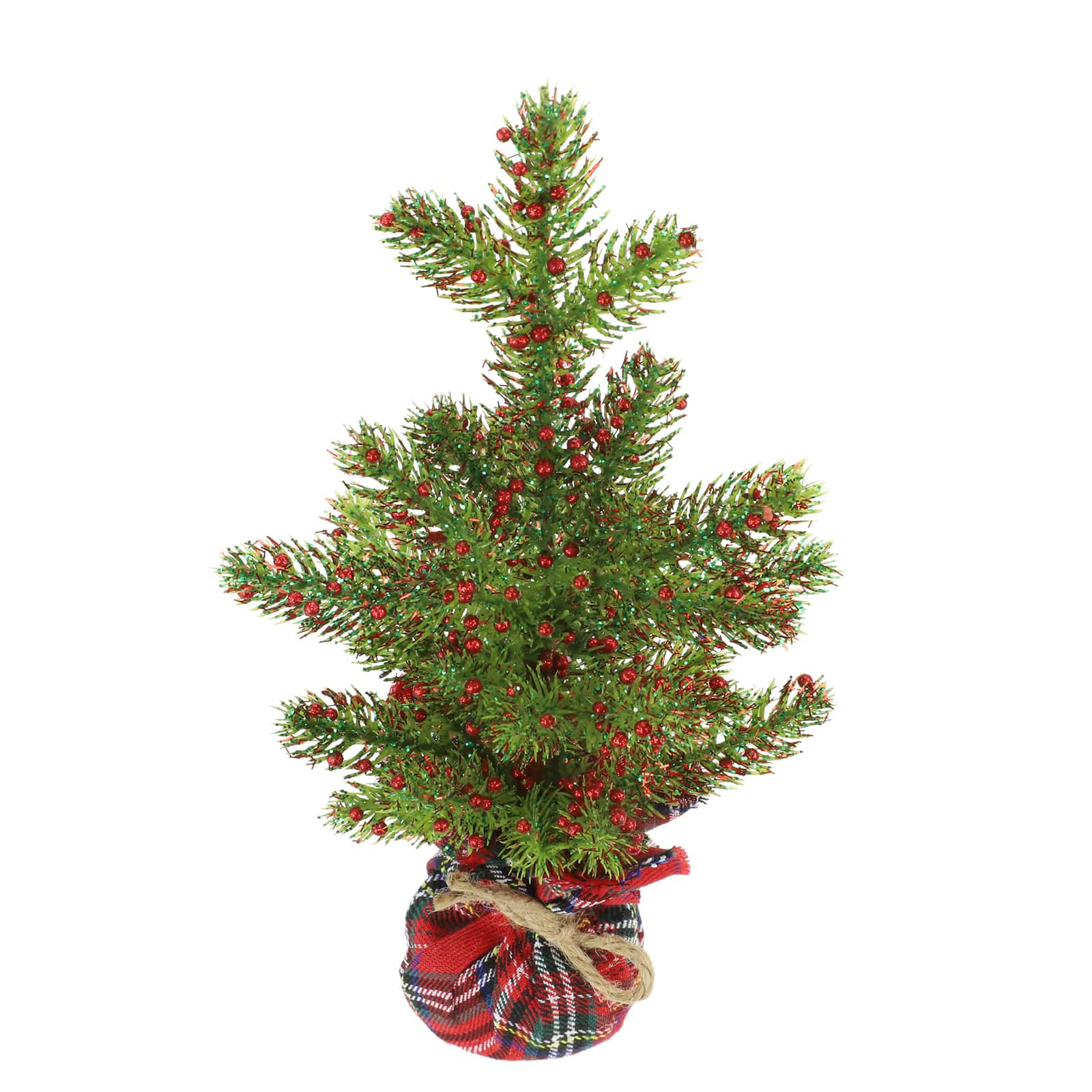 12&#x22; Green Glitter Pine &#x26; Red Berry Accent Tree in Red Plaid Fabric Base by Ashland&#xAE;