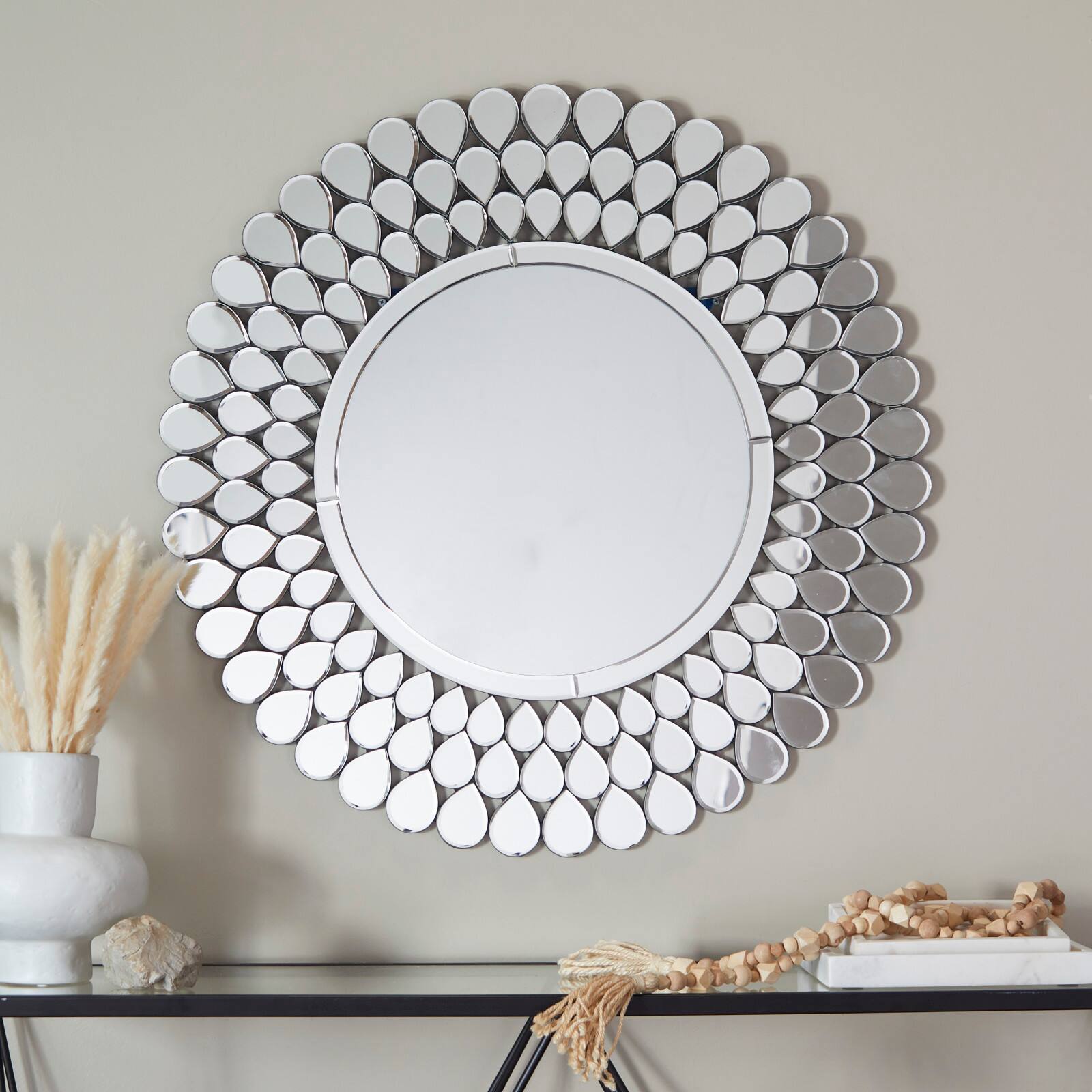 Silver Glass Starburst Wall Mirror with Teardrop Embellishment 31" x 1" x 31"
