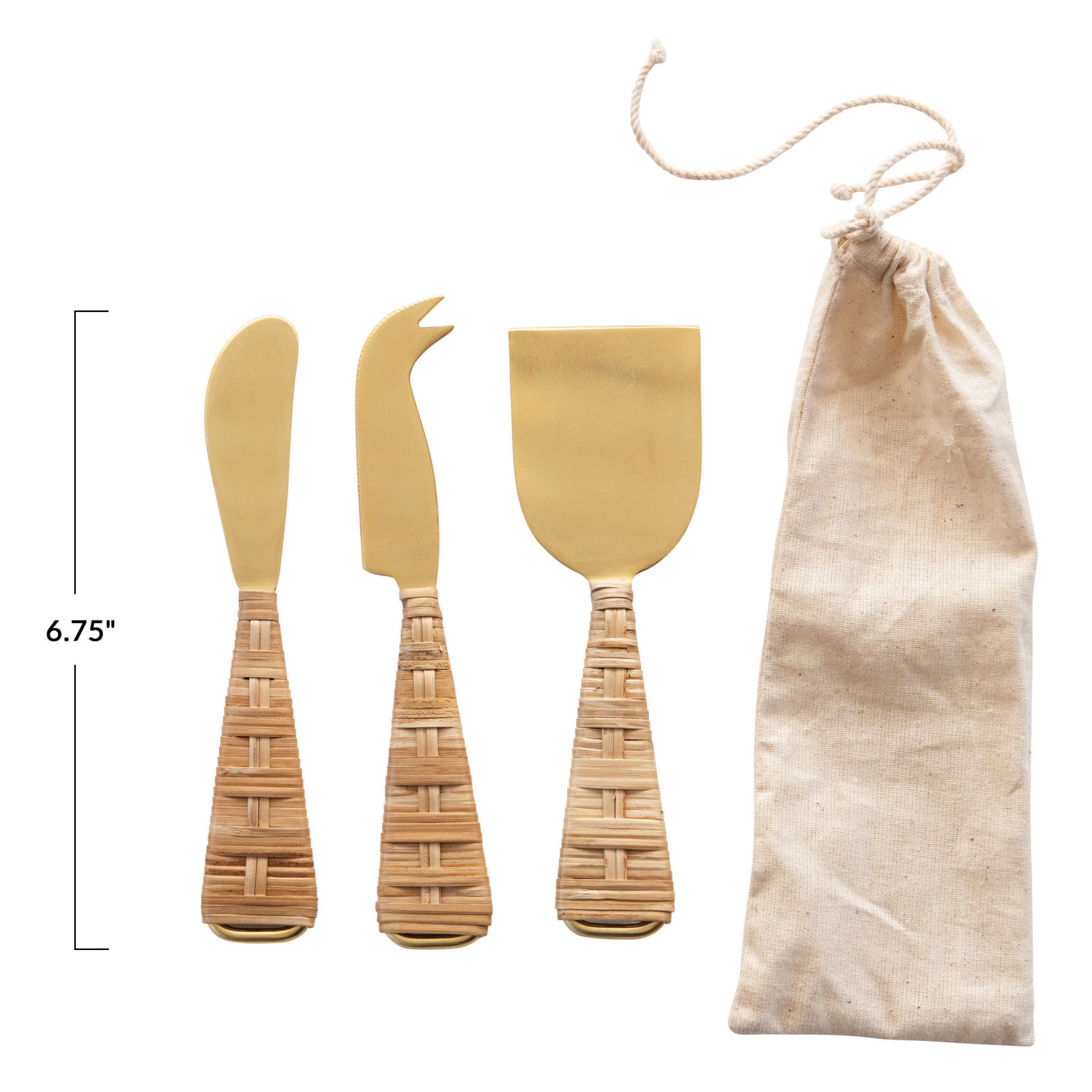 Gold Finish Stainless Steel Cheese Knives with Rattan Wrapped Handles Set